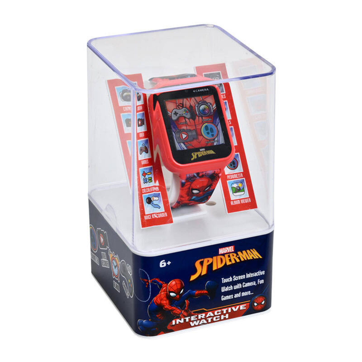 Un reloj interactivo de Spider-Man en una caja transparente. El reloj es rojo, con un diseño de Spider-Man. La caja tiene texto y gráficos.