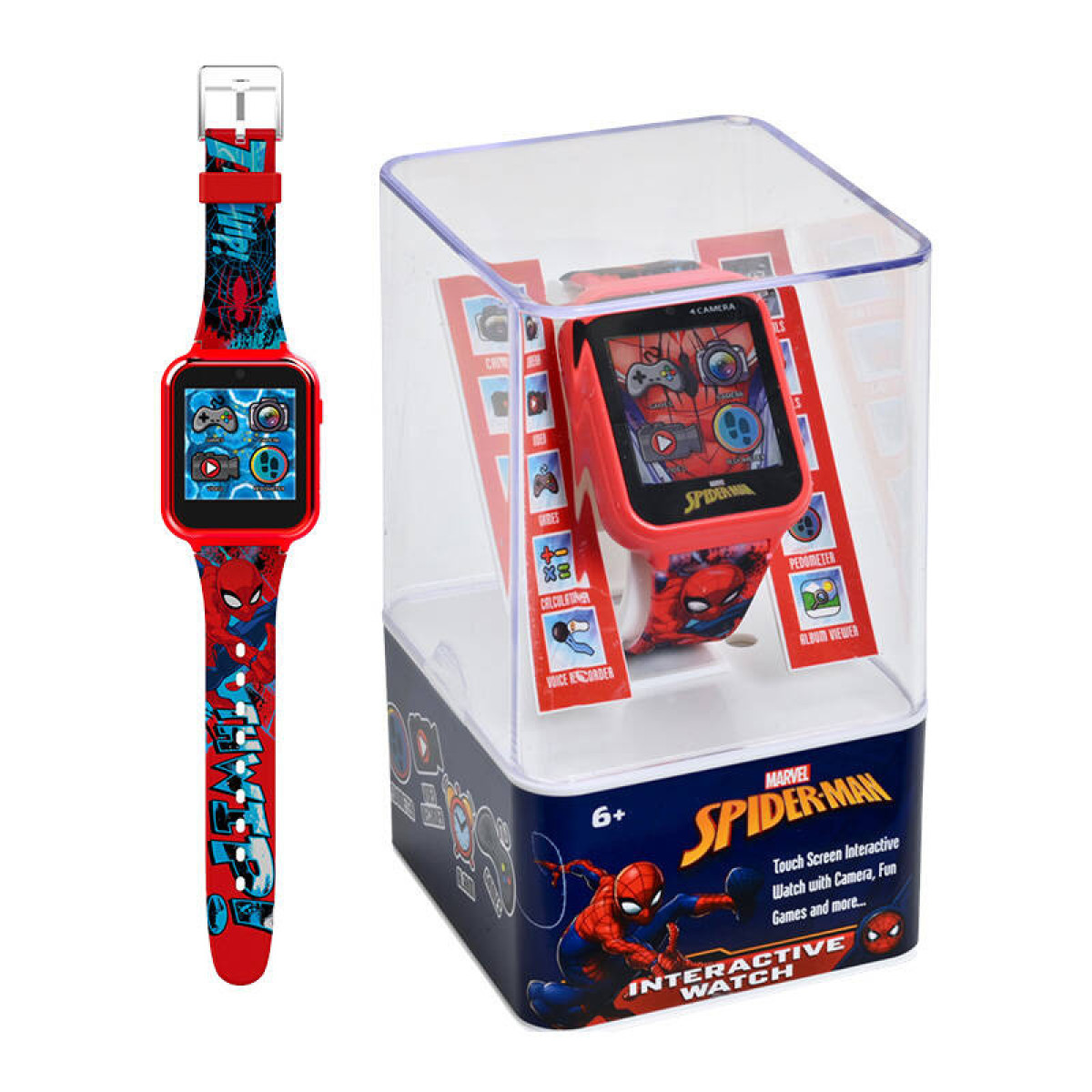 Se muestra un reloj inteligente de Spider-Man. Uno está fuera de la caja, el otro dentro. Ambos son rojos, con una pantalla que muestra juegos e iconos.