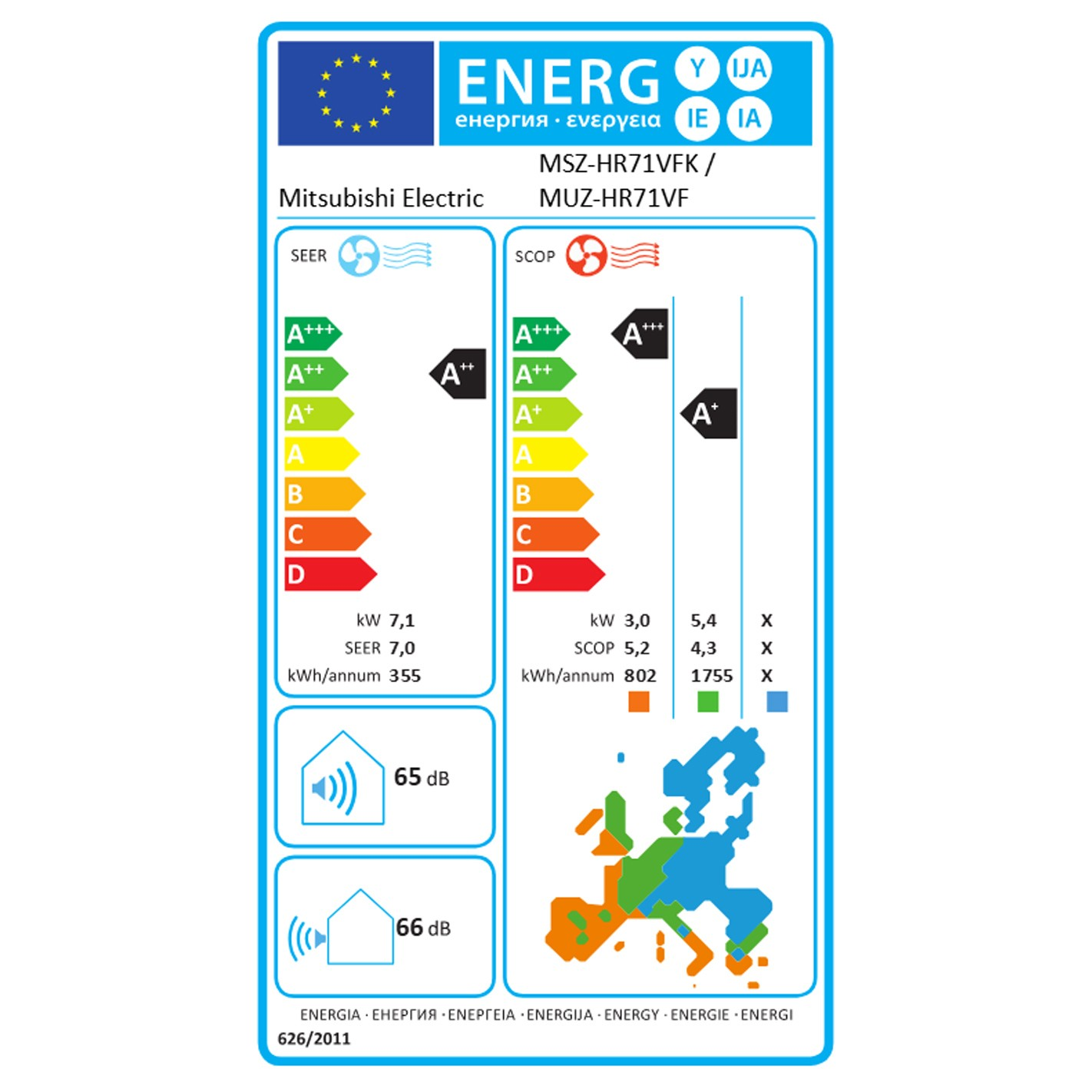 Etiqueta energética de un aire acondicionado Mitsubishi. Muestra la eficiencia, el ruido y el consumo de energía.