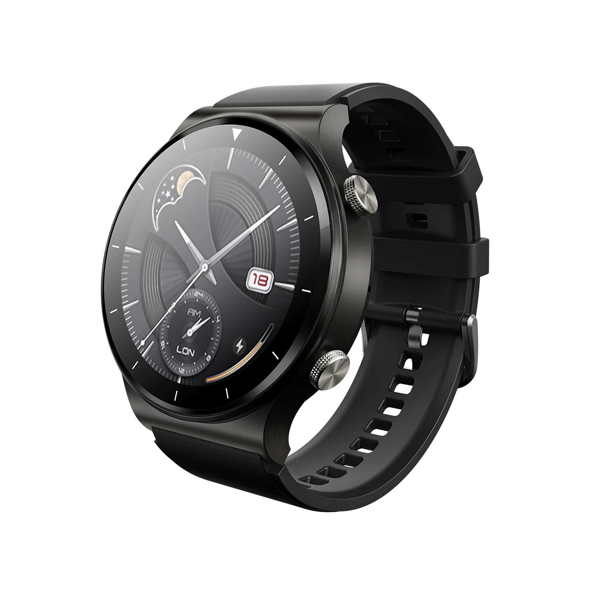 Uno smartwatch nero. Il quadrante mostra ora, data e altre funzioni. Il cinturino è nero.