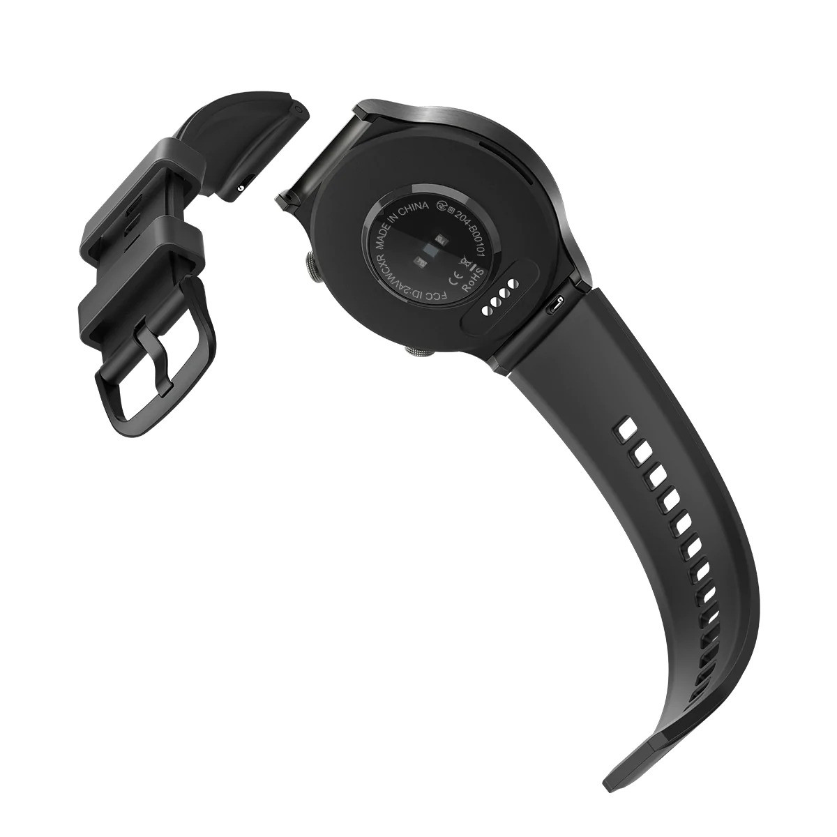 Smartwatch nera con cinturino staccato. Il quadrante è visibile, mostra i dettagli di fabbricazione. Il cinturino è parzialmente staccato. Sfondo bianco.