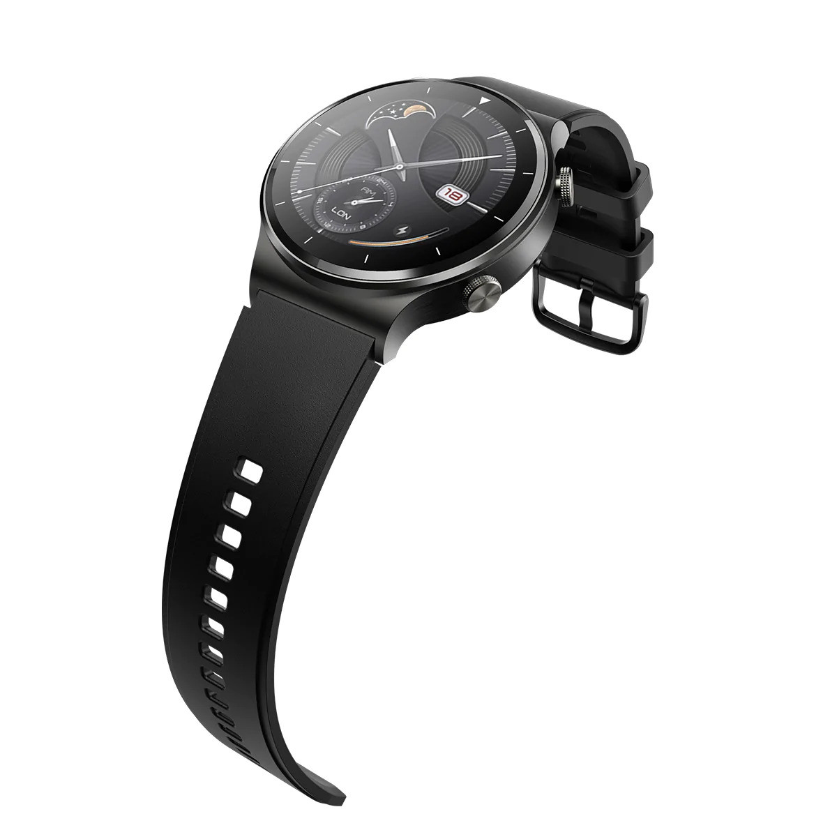 Uno smartwatch nero con quadrante rotondo, che mostra ora e data. Il cinturino è anch'esso nero, su sfondo bianco.