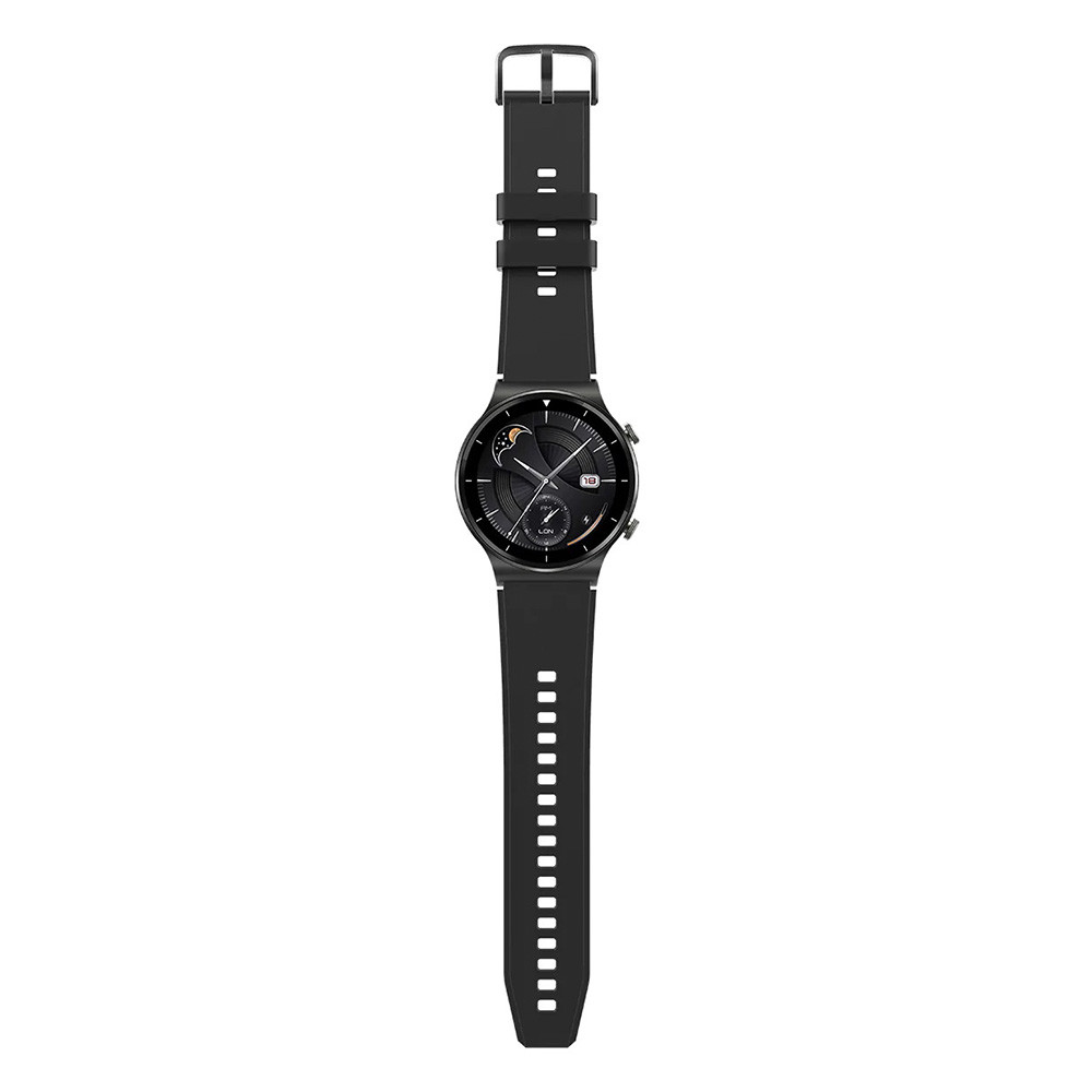 Uno smartwatch nero con quadrante rotondo e cinturino nero, che mostra l'ora. L'orologio è centrato su una superficie bianca.
