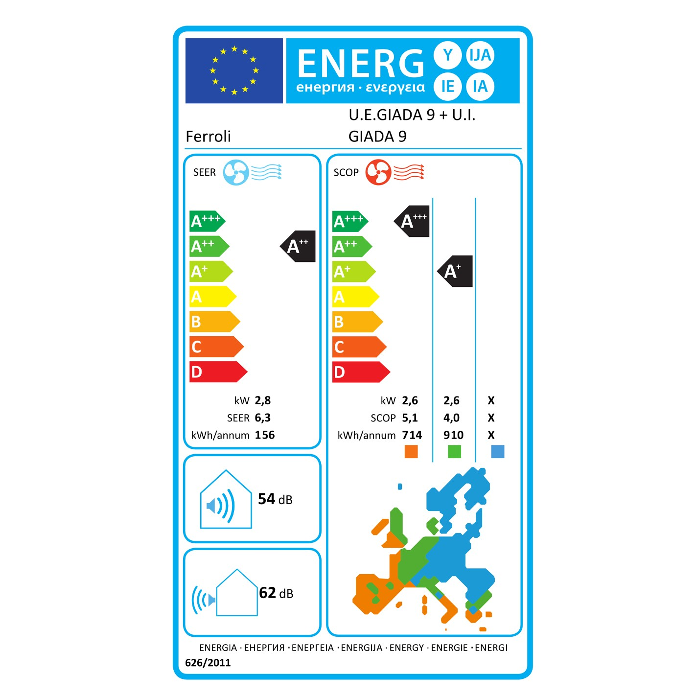 Etichetta energetica per Ferroli. Mostra efficienza, livelli di rumore e consumo. Include una mappa dell'Europa.