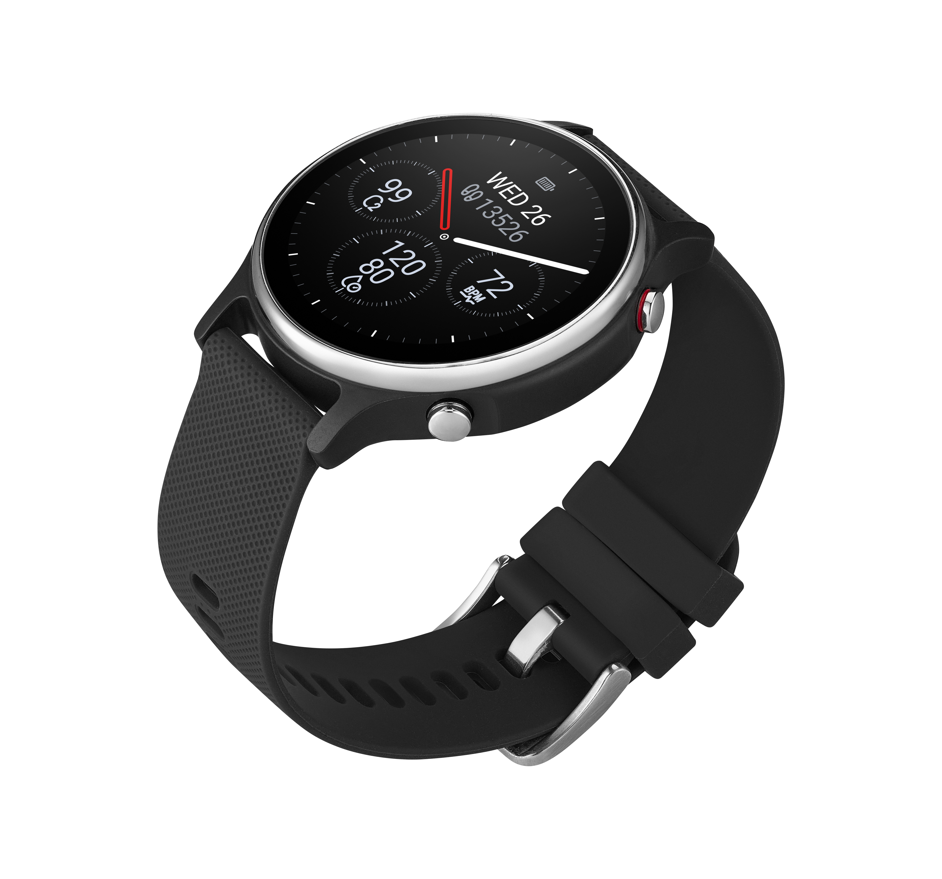 Uno smartwatch nero con quadrante rotondo mostra dati. Ha un cinturino nero e una fibbia argentata.