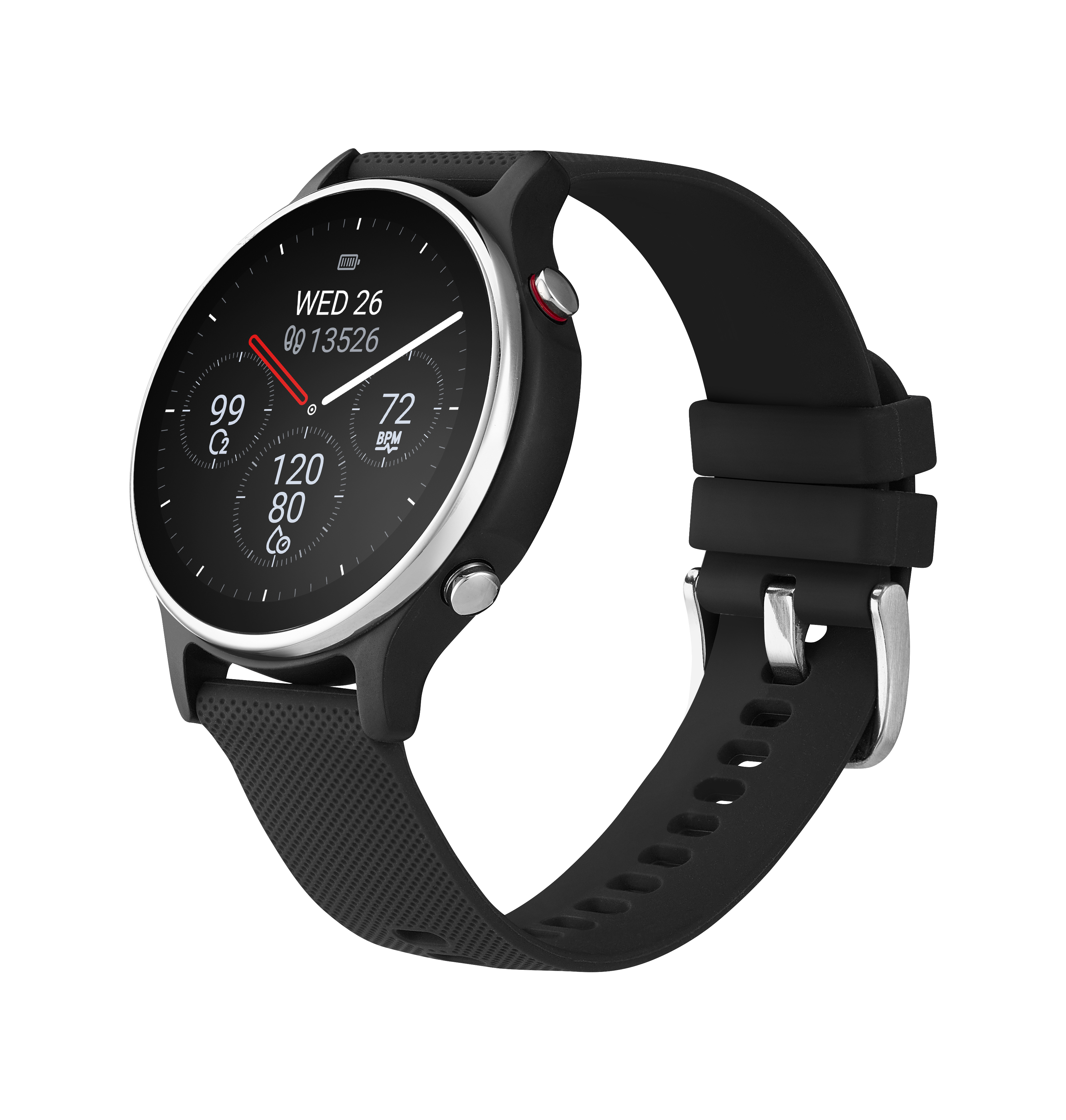 Uno smartwatch nero con quadrante rotondo mostra ora e dati sanitari, con cinturino nero e dettagli argentati.