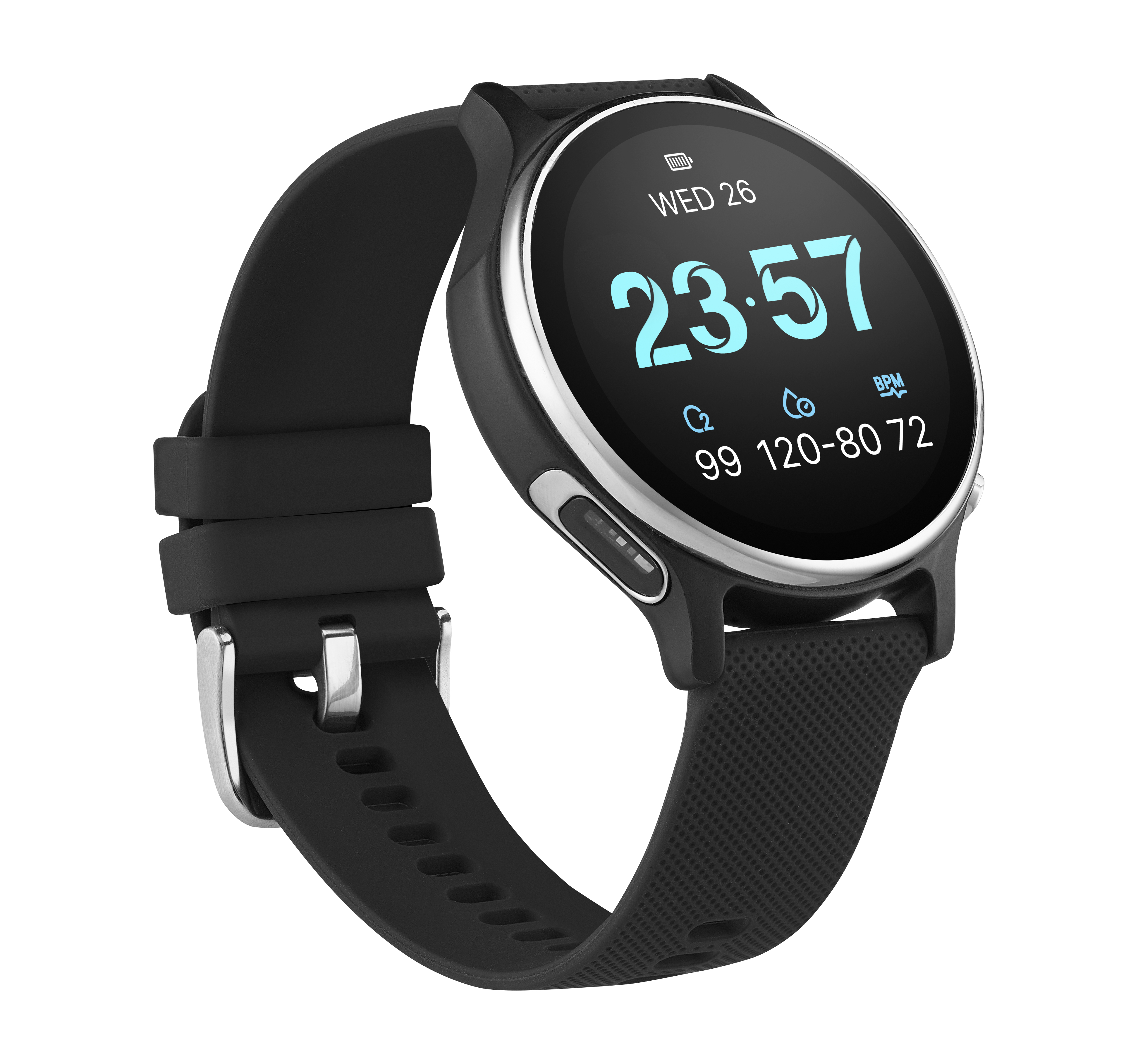 Smartwatch nero con display rotondo, mostra ora e dati sanitari, su sfondo bianco. Cinturino nero.