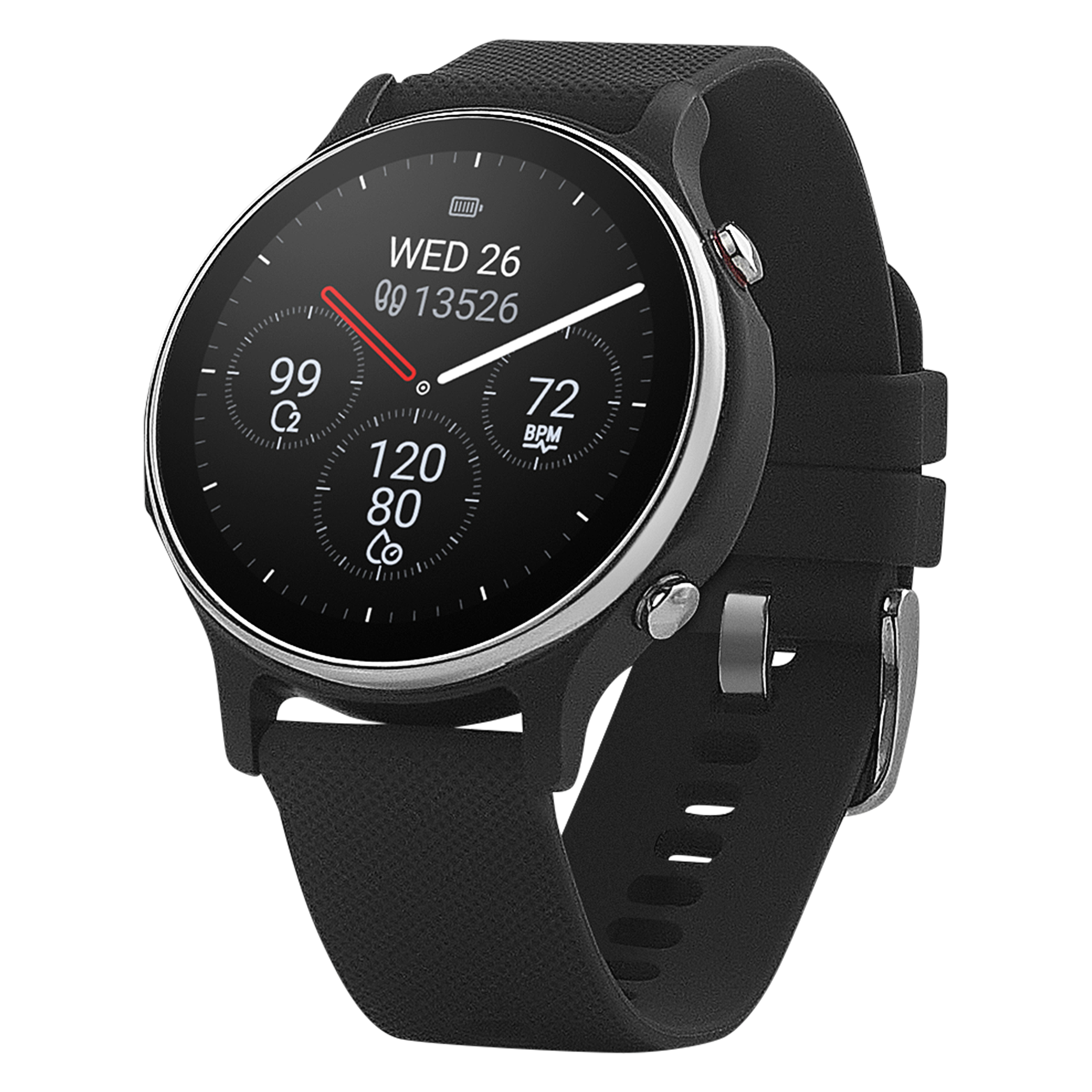 Uno smartwatch nero con quadrante rotondo mostra ora e parametri sanitari. Il cinturino è nero e lo sfondo bianco.