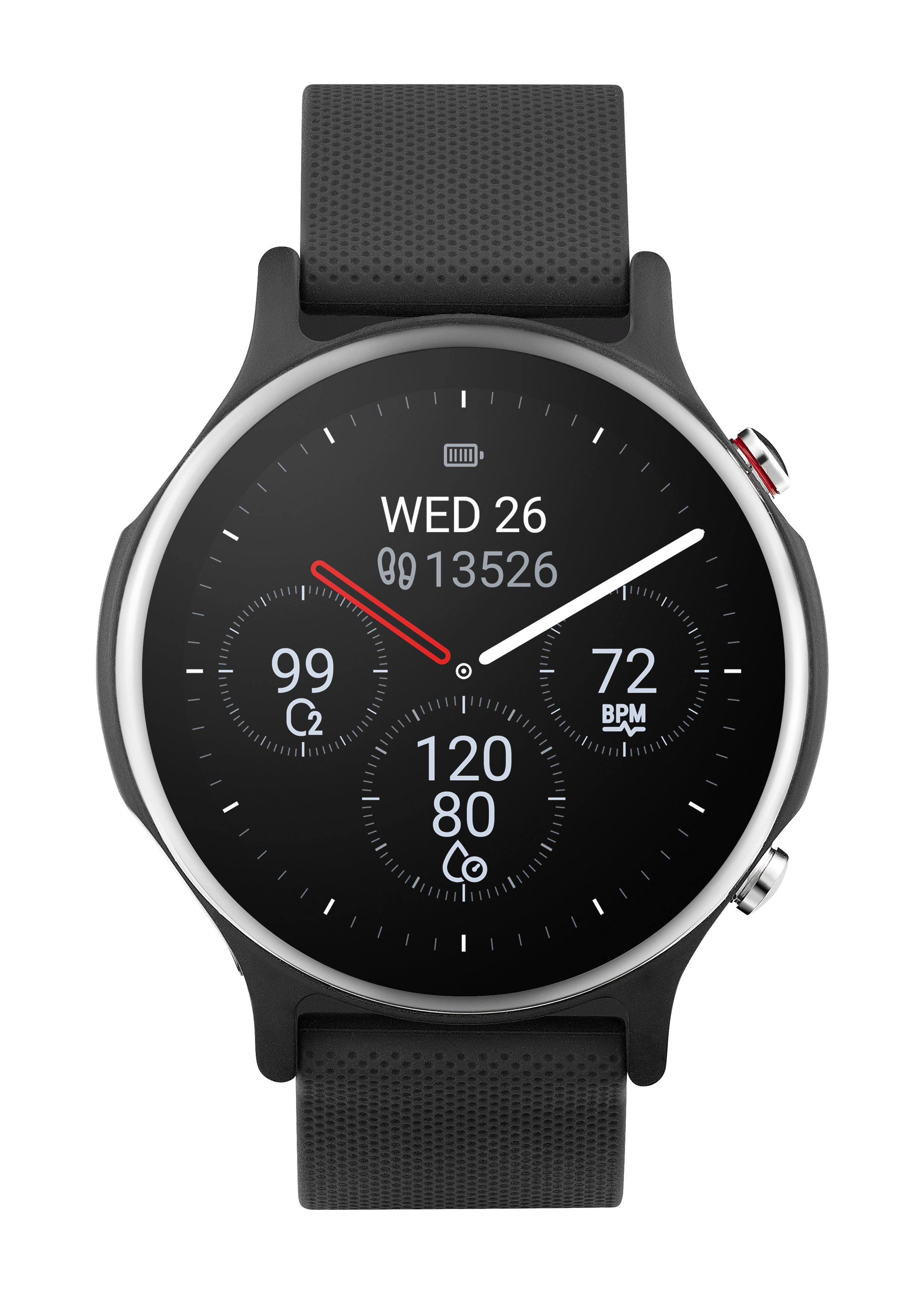 Smartwatch nero con quadrante rotondo che mostra ora, frequenza cardiaca e altre metriche. Ha un cinturino nero.