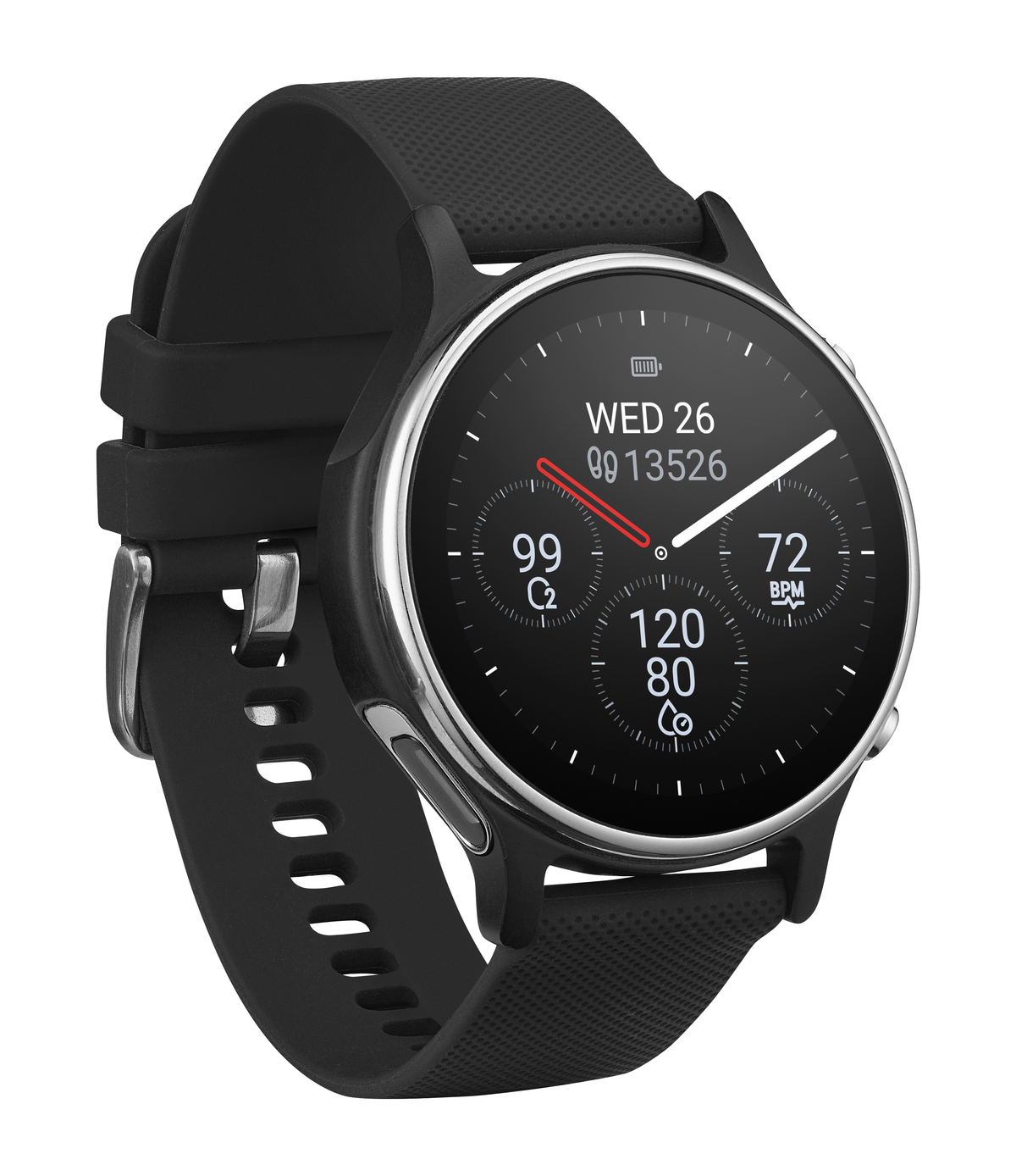 Uno smartwatch nero con quadrante rotondo, mostra data, ora e parametri sanitari. Ha cinturino nero e lunetta argentata.