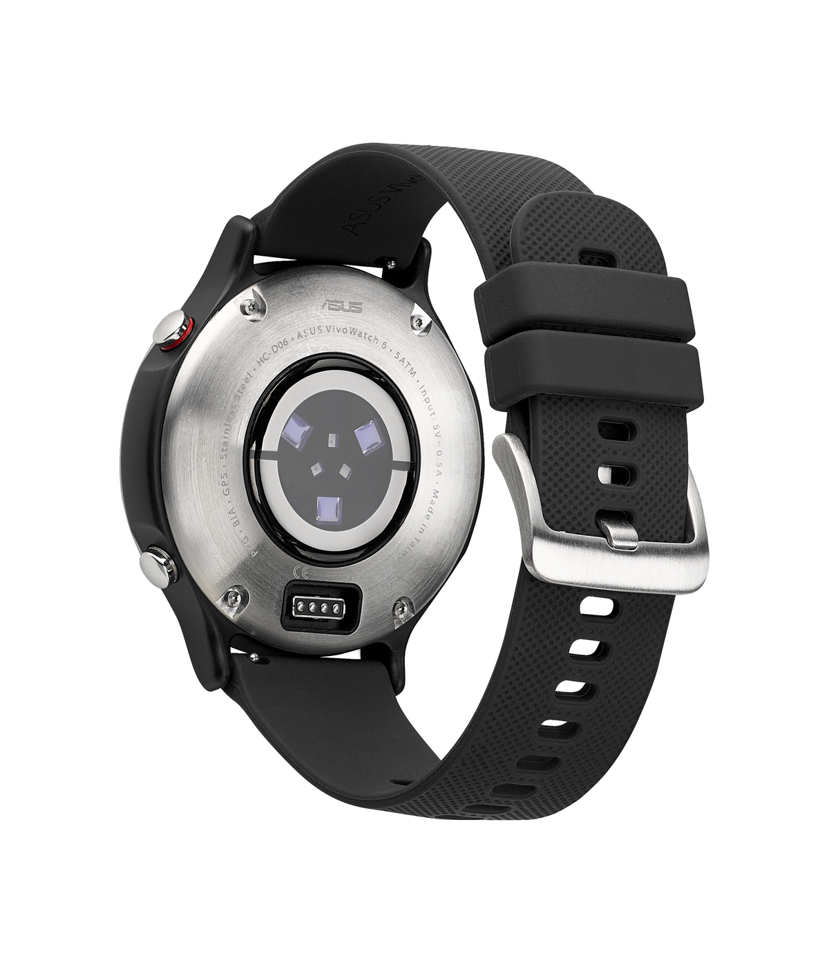 ASUS VivoWatch nera, vista posteriore, con cinturino nero e fibbia argentata. Retro in acciaio inossidabile con sensori e contatti di ricarica visibili.