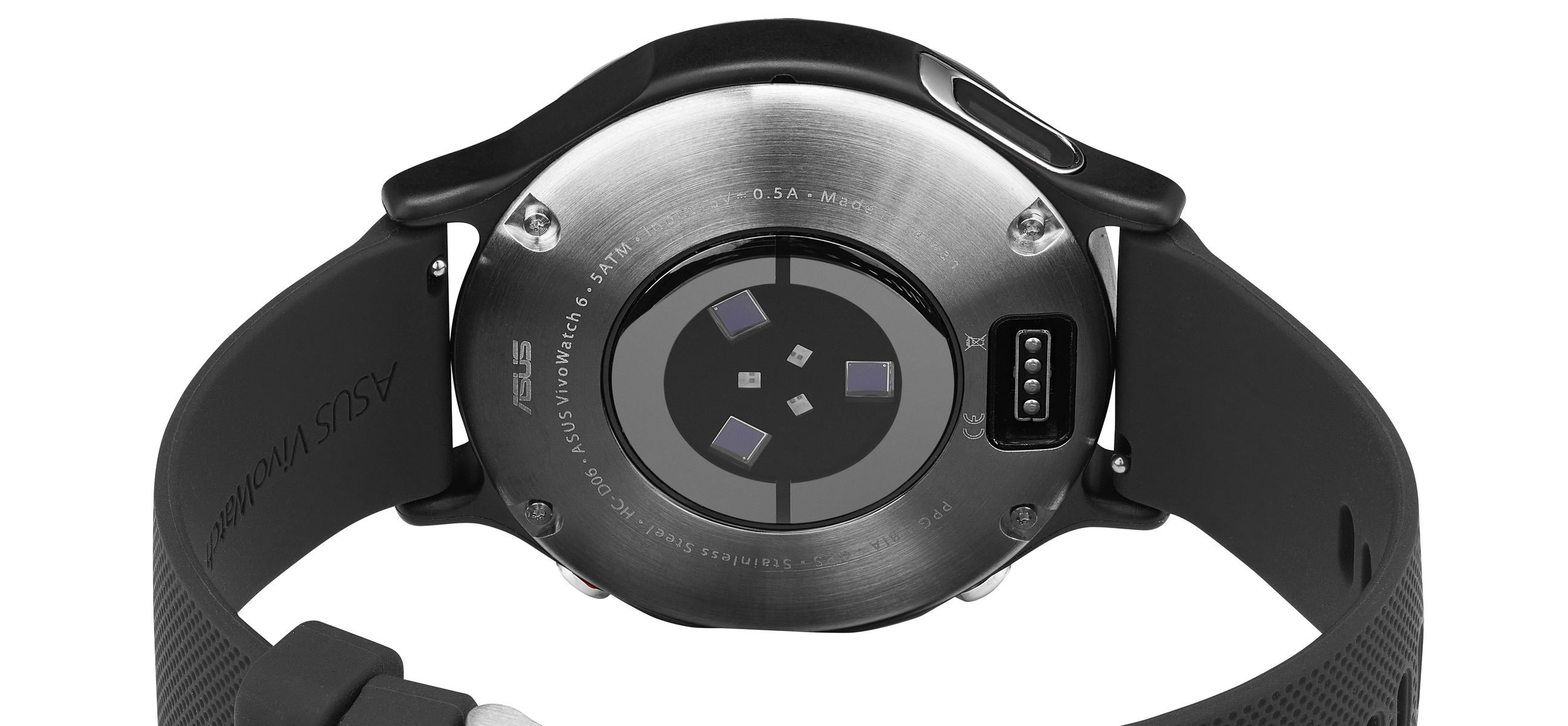 Il retro di uno smartwatch ASUS VivoWatch 6 nero. Mostra sensori, contatti di ricarica e attacchi del cinturino.