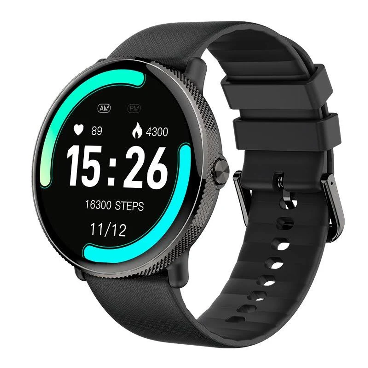 Uno smartwatch nero mostra ora, passi e data. Ha un cinturino nero. Lo schermo mostra 15:26, 16300 passi e 11/12.