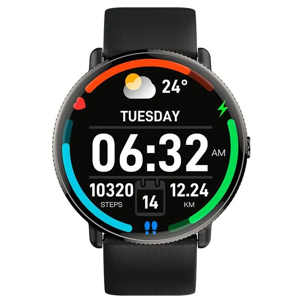 Uno smartwatch nero mostra l'ora: 06:32, giorno: martedì, data: 14, passi: 10320, distanza: 12,24 km e meteo.