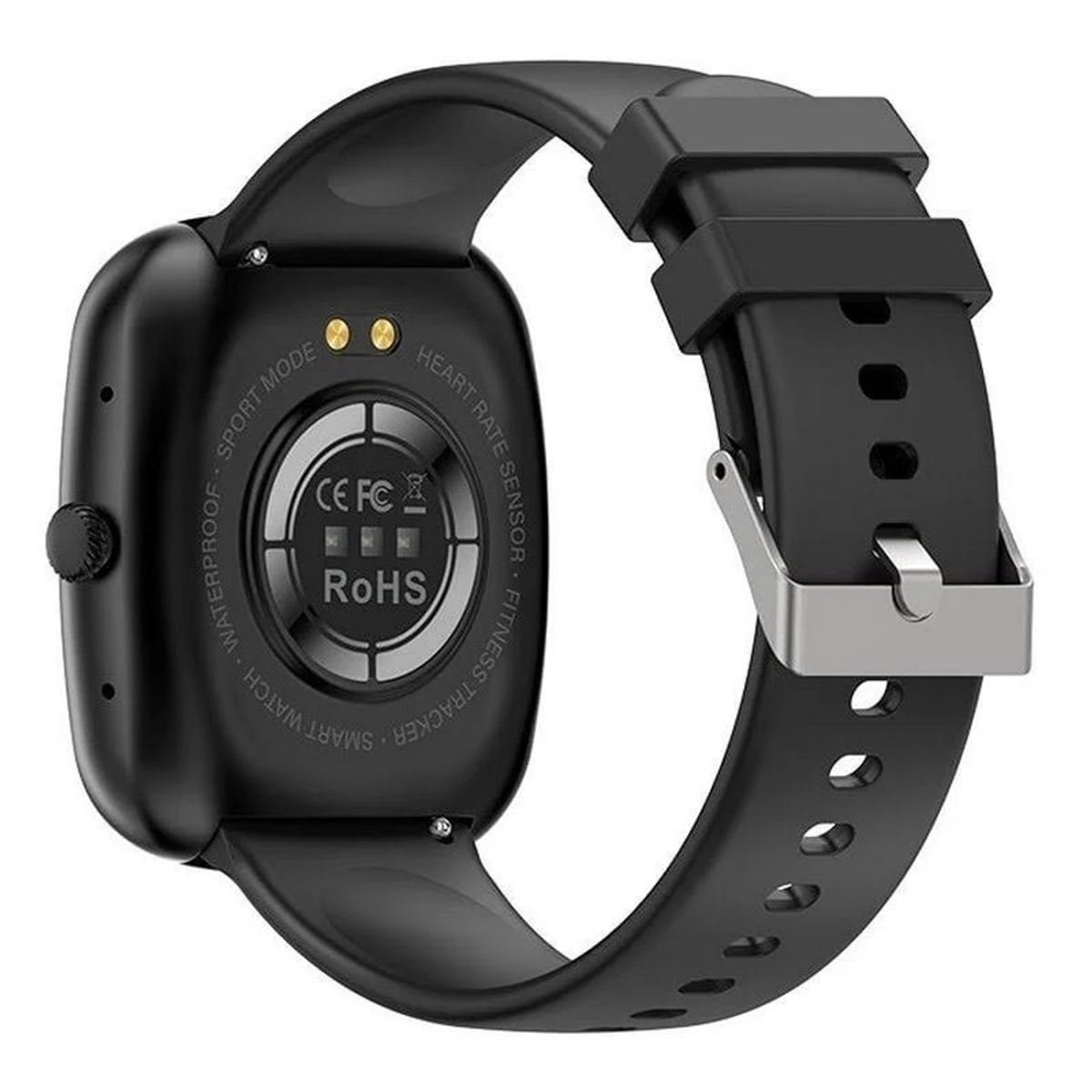 Retro dell'orologio intelligente nero, cinturino attaccato. Include sensore di frequenza cardiaca, impermeabile, modalità sport, fitness tracker e certificazioni.