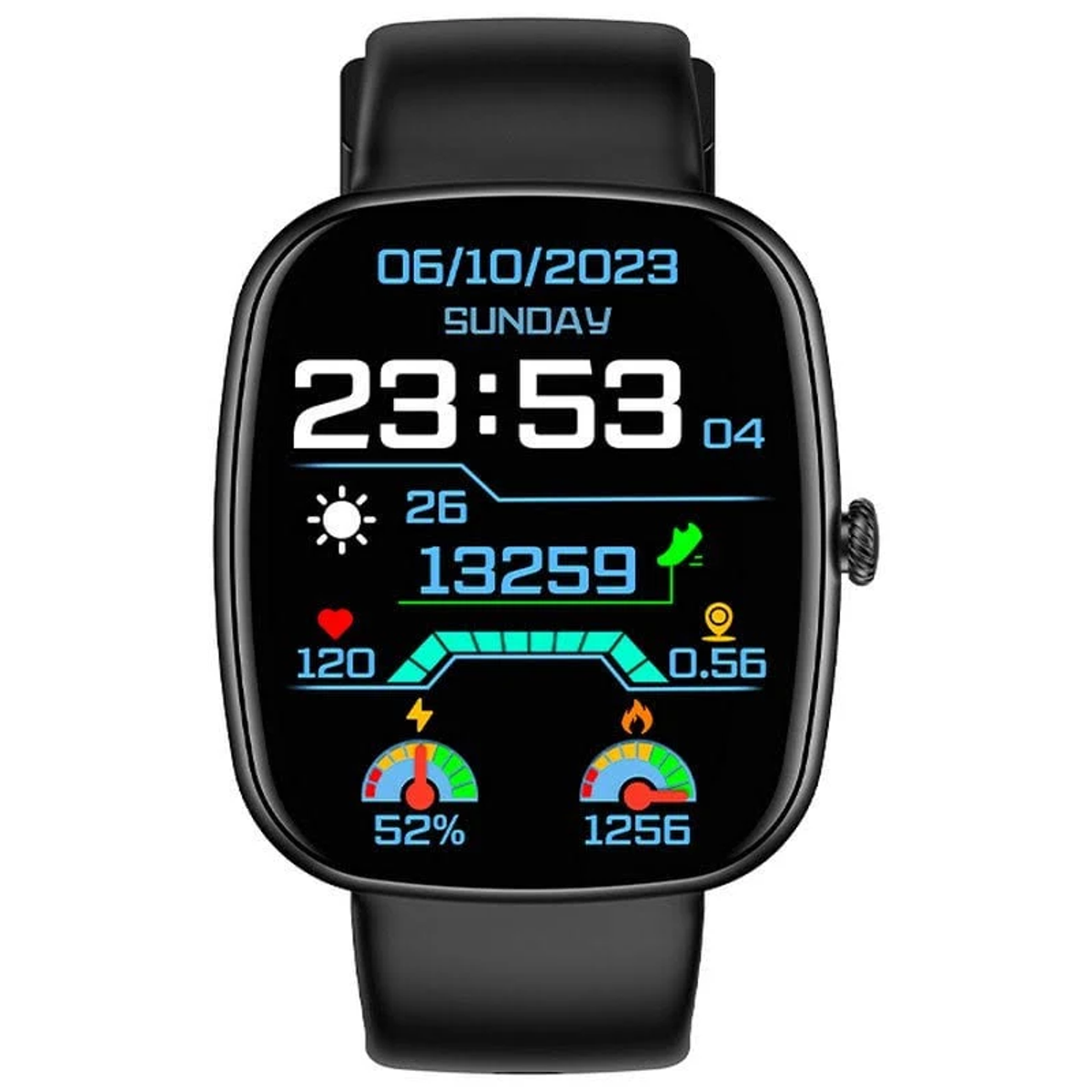 Uno smartwatch nero mostra data, ora, passi, frequenza cardiaca e livelli della batteria con indicatori colorati.
