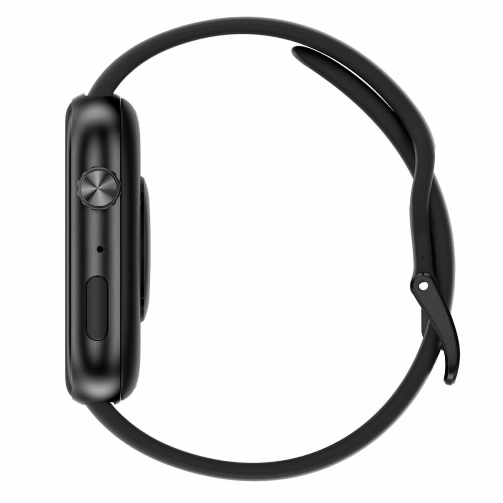 A side view of a black smartwatch. The watch has a square face and a black band. Details include a button and a sensor.