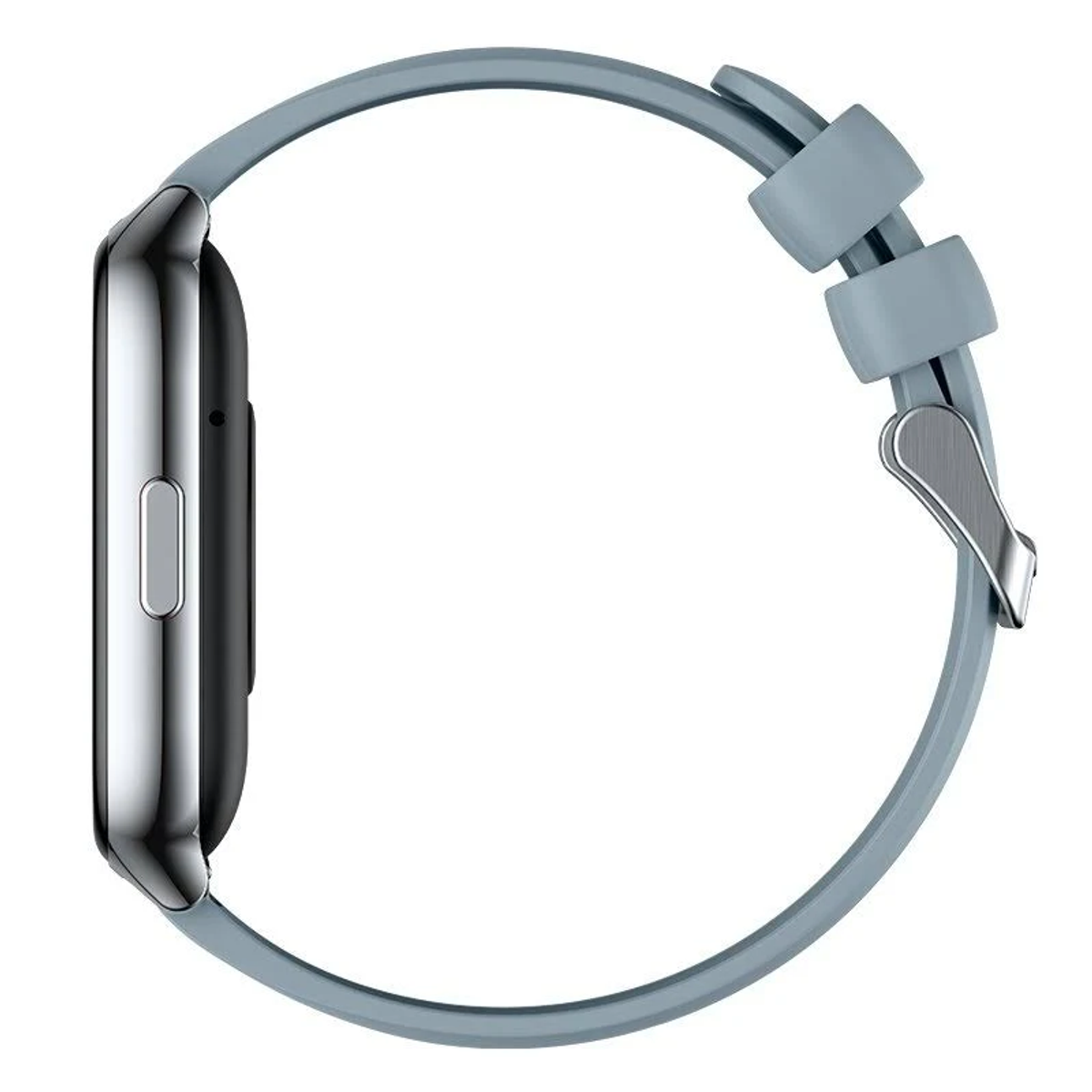 Vista lateral de un reloj inteligente. Tiene una caja plateada, una correa gris con hebilla y un botón lateral.