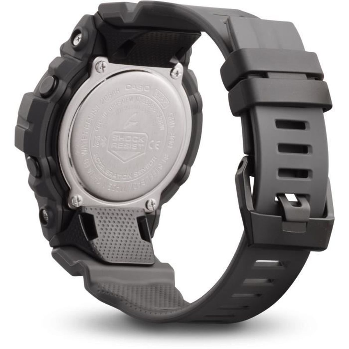 Un primo piano di un orologio Casio G-Shock nero. Il retro mostra dettagli come la resistenza all'acqua e agli urti.