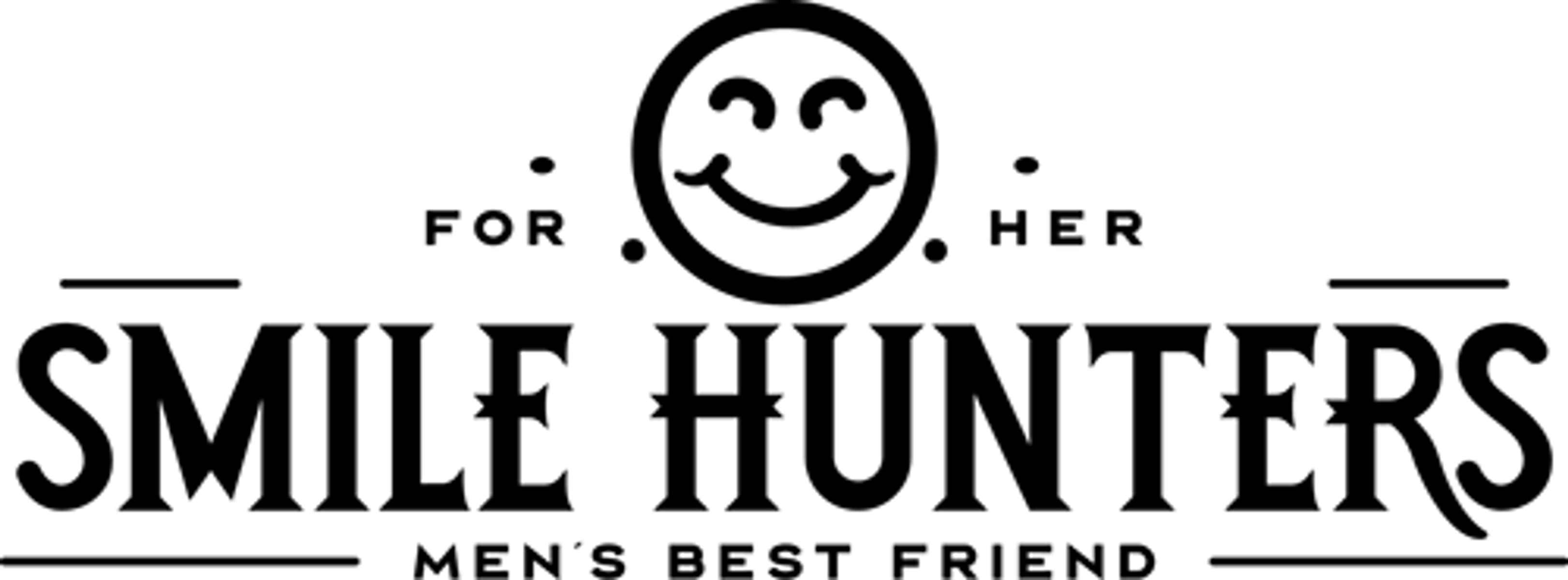 Logotipo en blanco y negro: Carita sonriente sobre 'Smile Hunters', 'For Her', 'Men's Best Friend'.
