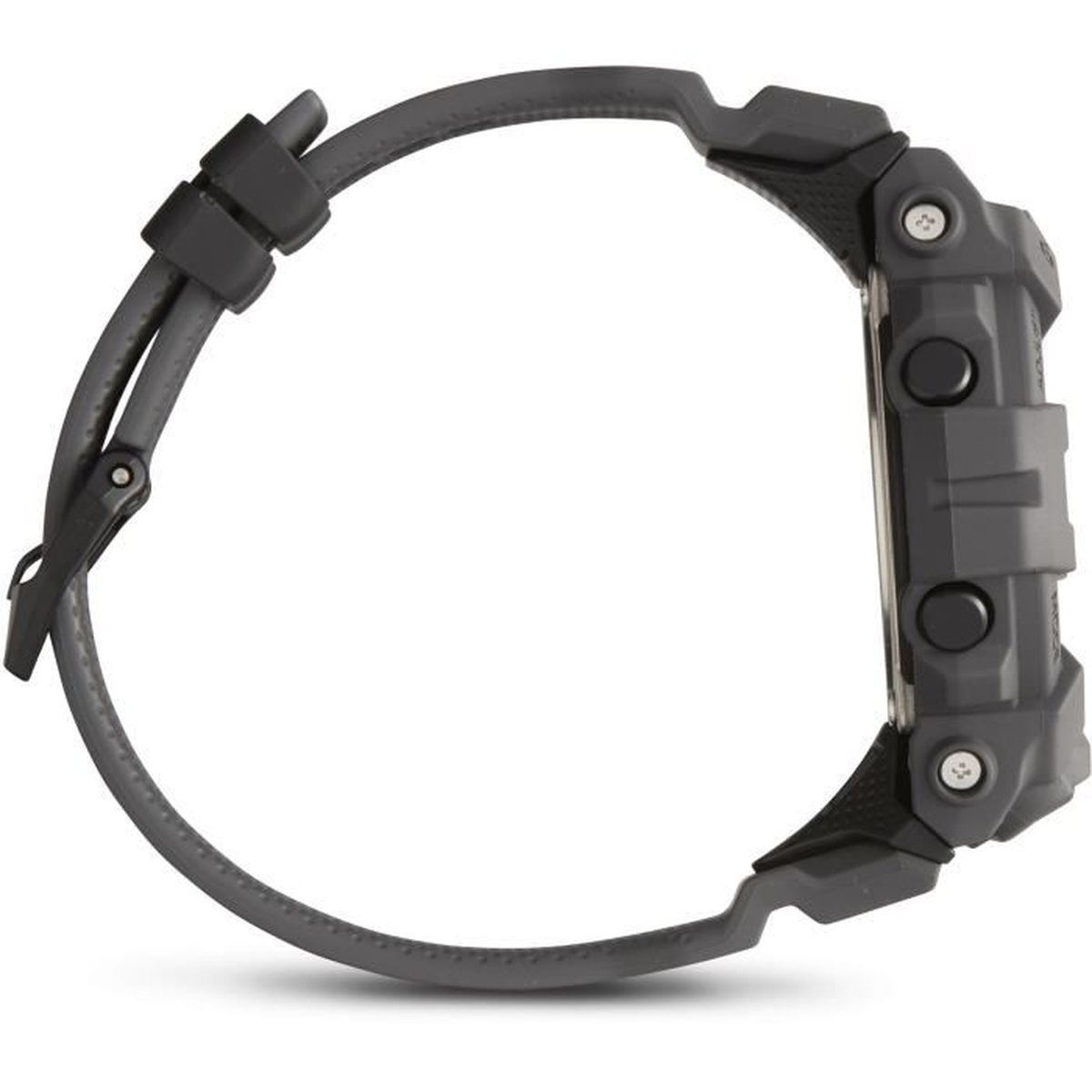 Un orologio digitale grigio con cinturino abbinato. L'orologio ha pulsanti e un'area di visualizzazione circolare.