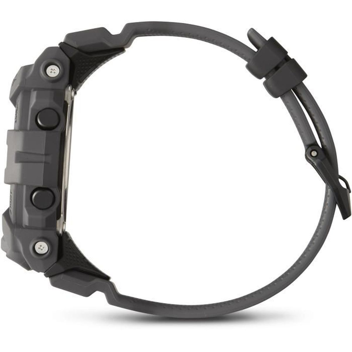 Vista laterale di uno smartwatch grigio, che mostra il quadrante e il cinturino. Il cinturino è curvo, con una chiusura.