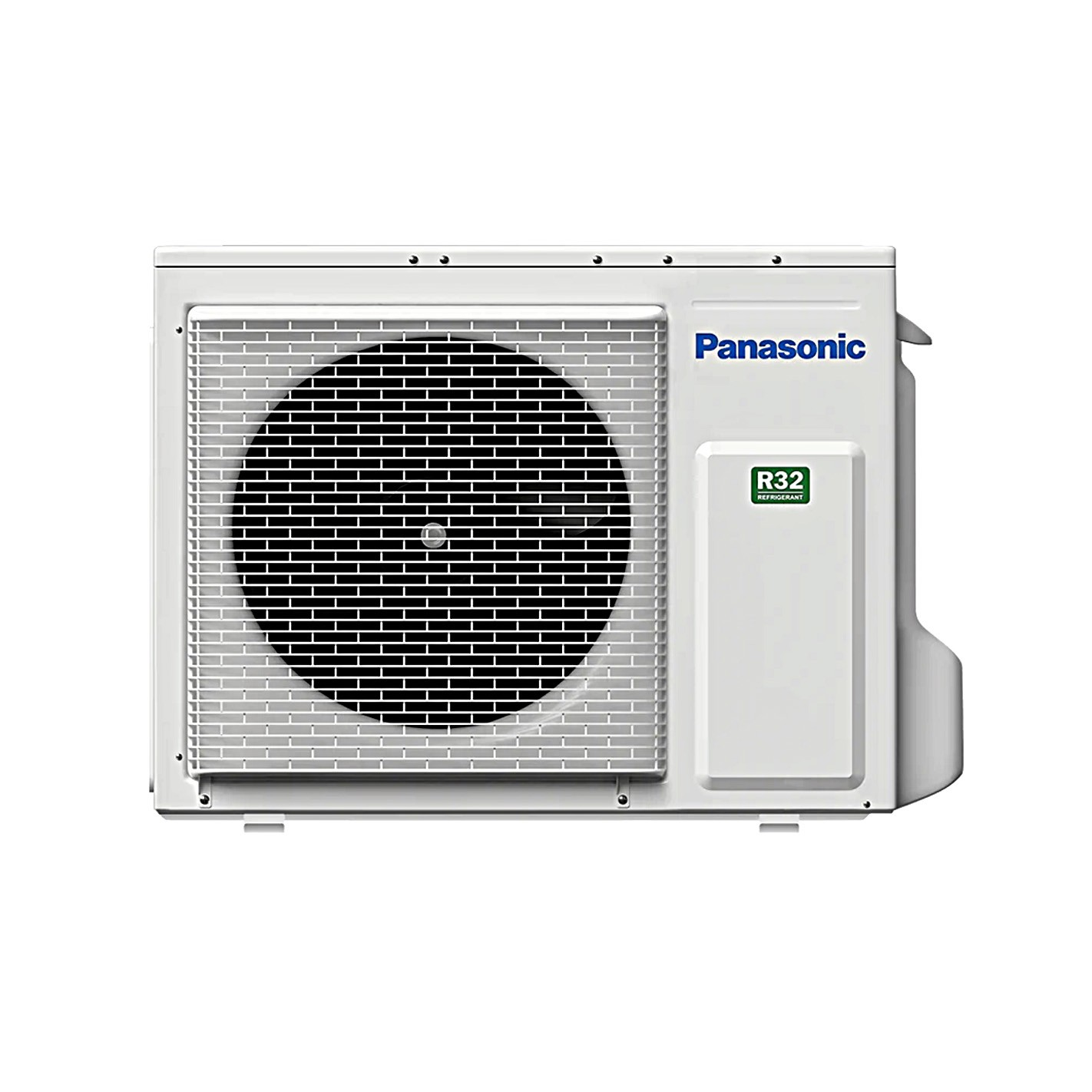 Un condizionatore Panasonic bianco. Ha una copertura della ventola nera, il nome del marchio in blu e l'etichetta del refrigerante R32.