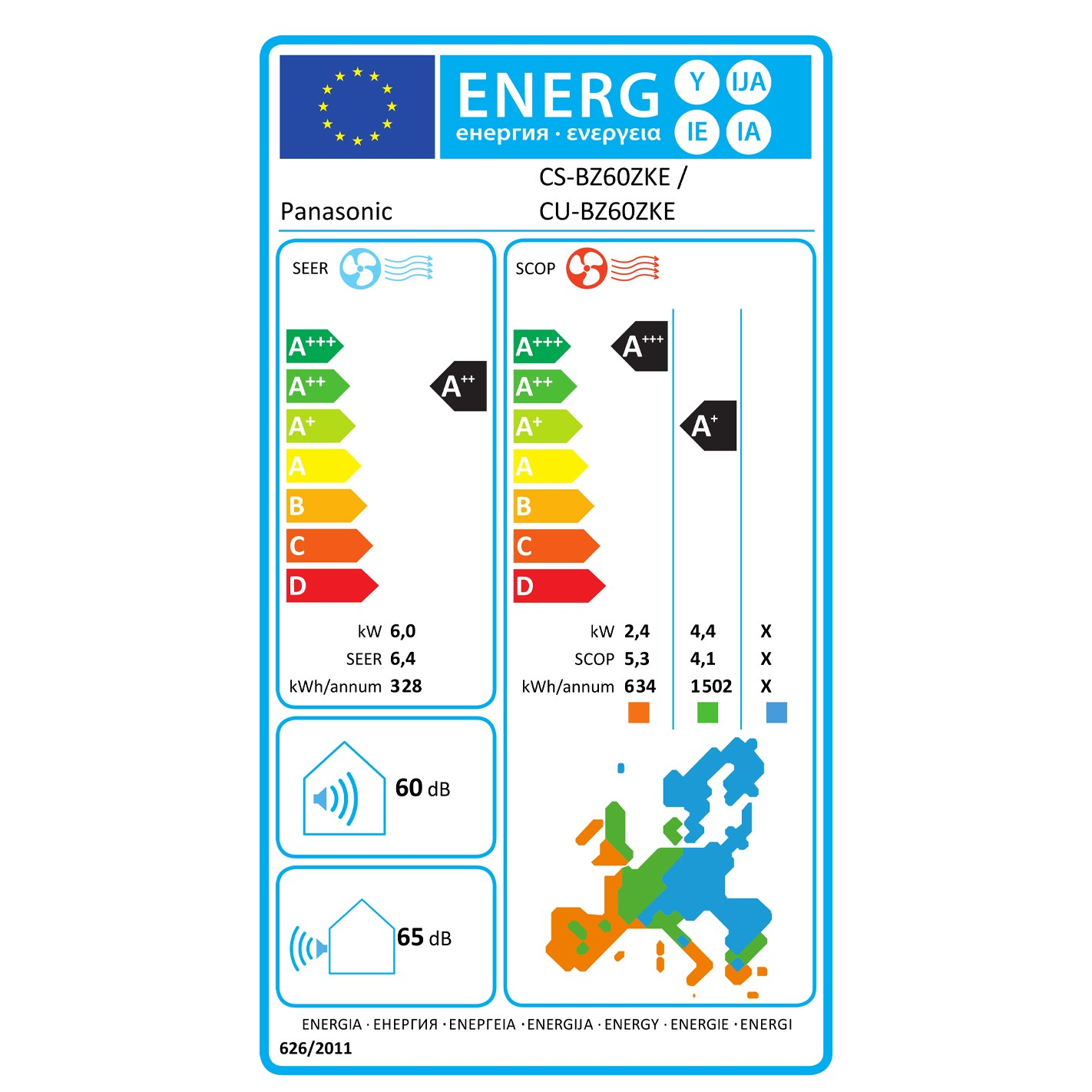 Etichetta energetica per condizionatore Panasonic. Mostra efficienza, livelli sonori e dettagli sul consumo.