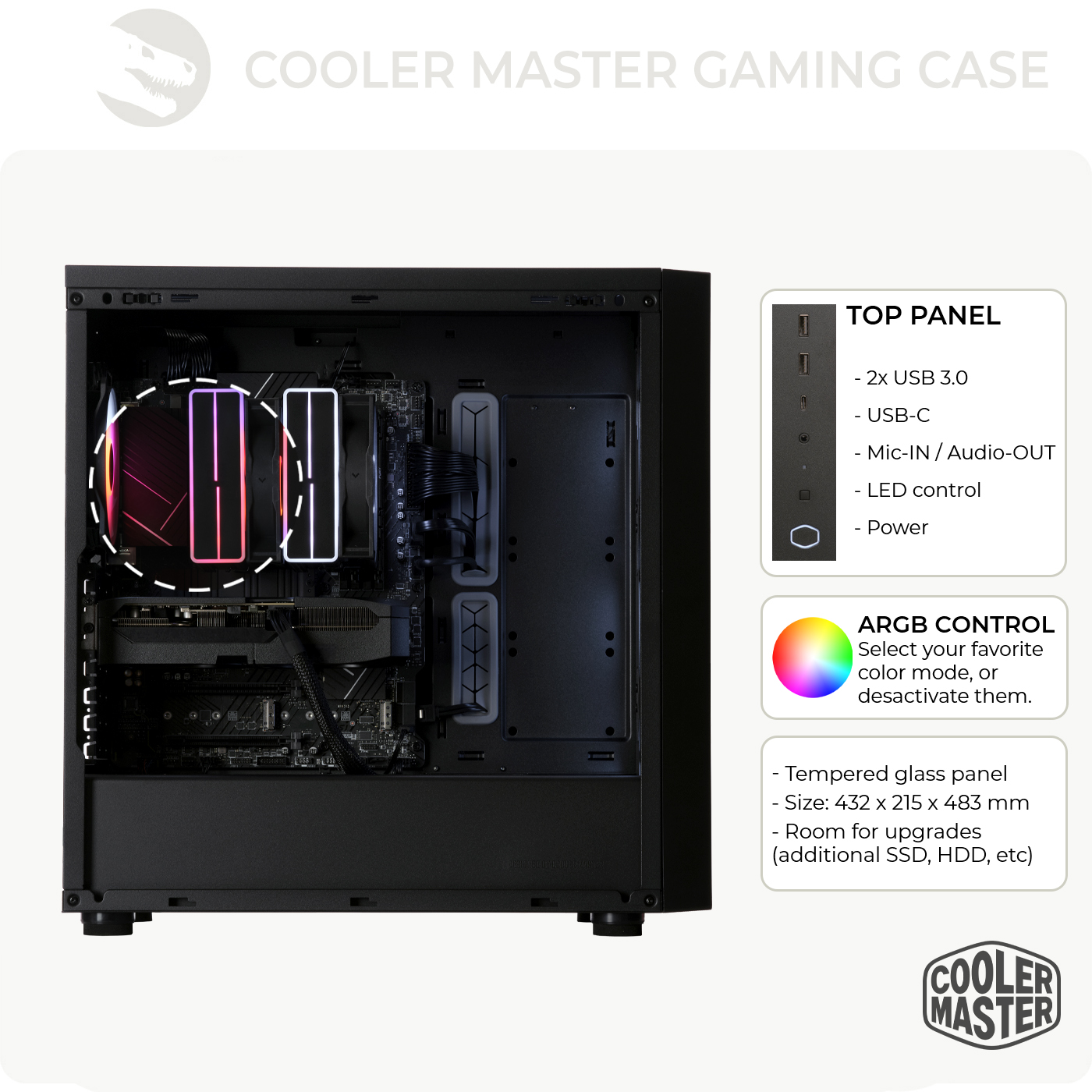 Czarna obudowa Cooler Master do gier. W środku komponenty, takie jak płyta główna, GPU i wentylatory LED. Panel informacyjny z portami USB.