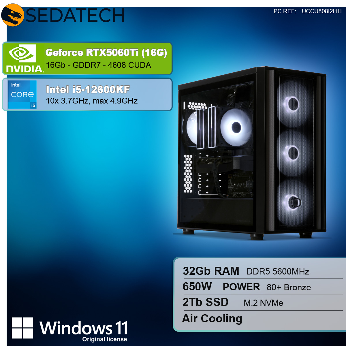 Un case per computer con ventole illuminate. Il testo descrive la scheda grafica, il processore, la RAM, l'archiviazione, l'alimentatore e il sistema di raffreddamento.