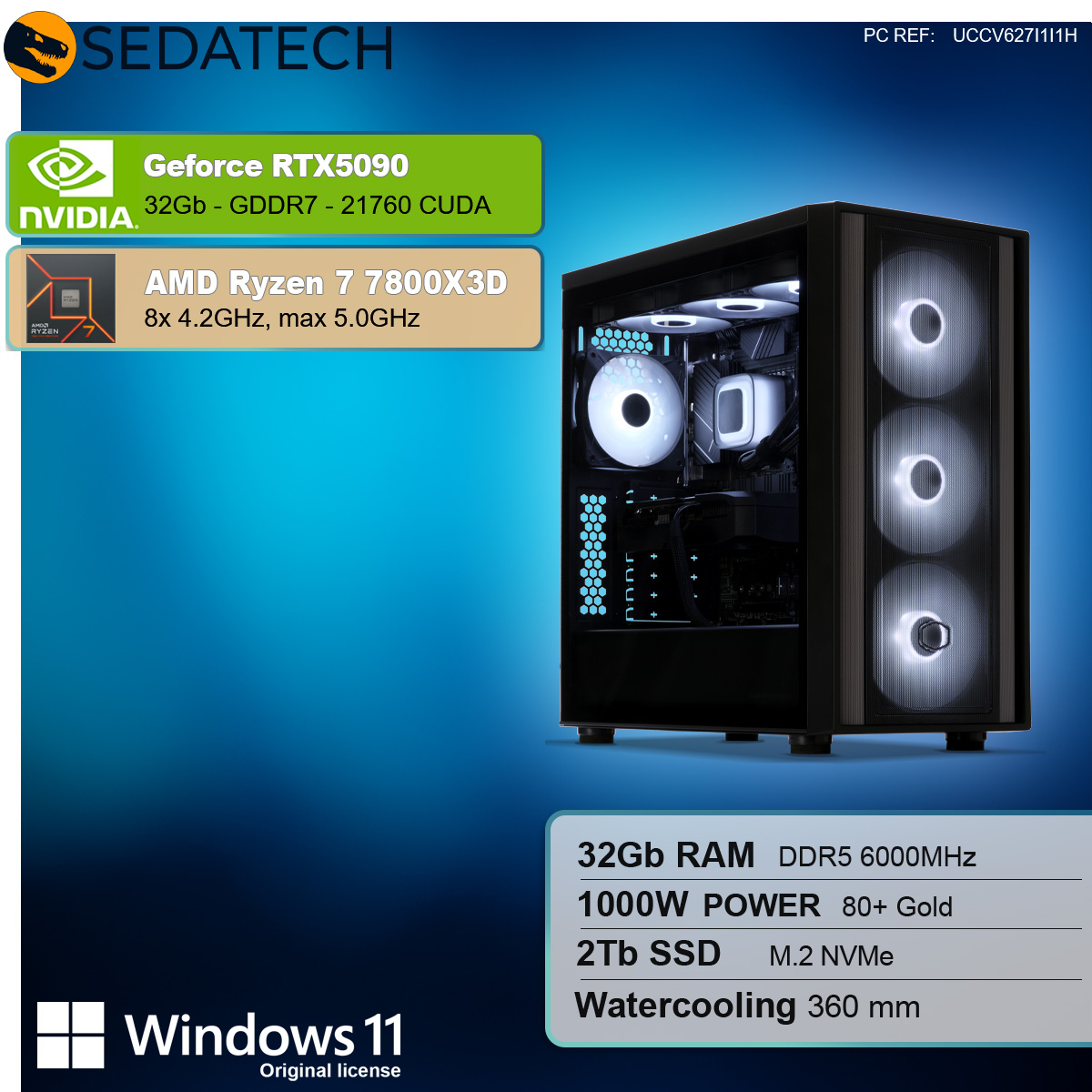 Obudowa komputera z podświetlanymi wentylatorami. Tekst opisuje komponenty: RTX5090, Ryzen 7 7800X3D, 32GB RAM, 2TB SSD i Windows 11.