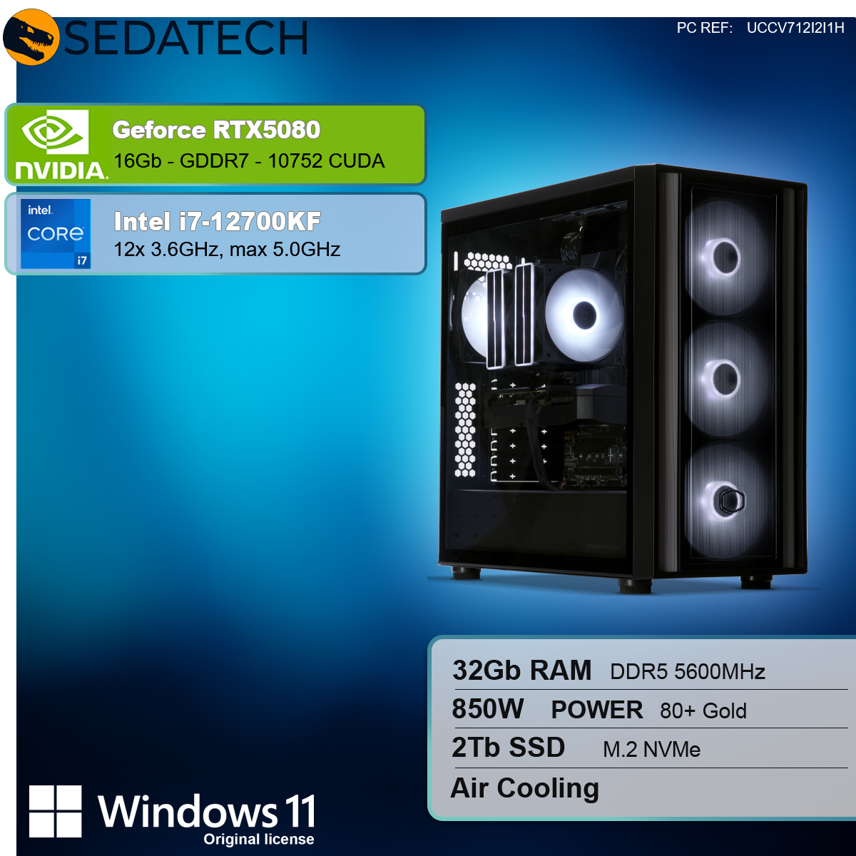 Ein Computergehäuse mit leuchtenden Lüftern wird angezeigt. Informationen umfassen Geforce RTX5080, Intel i7, RAM, SSD und Windows 11.