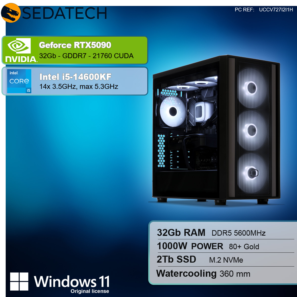 Obudowa komputera z podświetlanymi wentylatorami i lista specyfikacji, w tym GeForce RTX5090, Intel i5-14600KF i Windows 11.