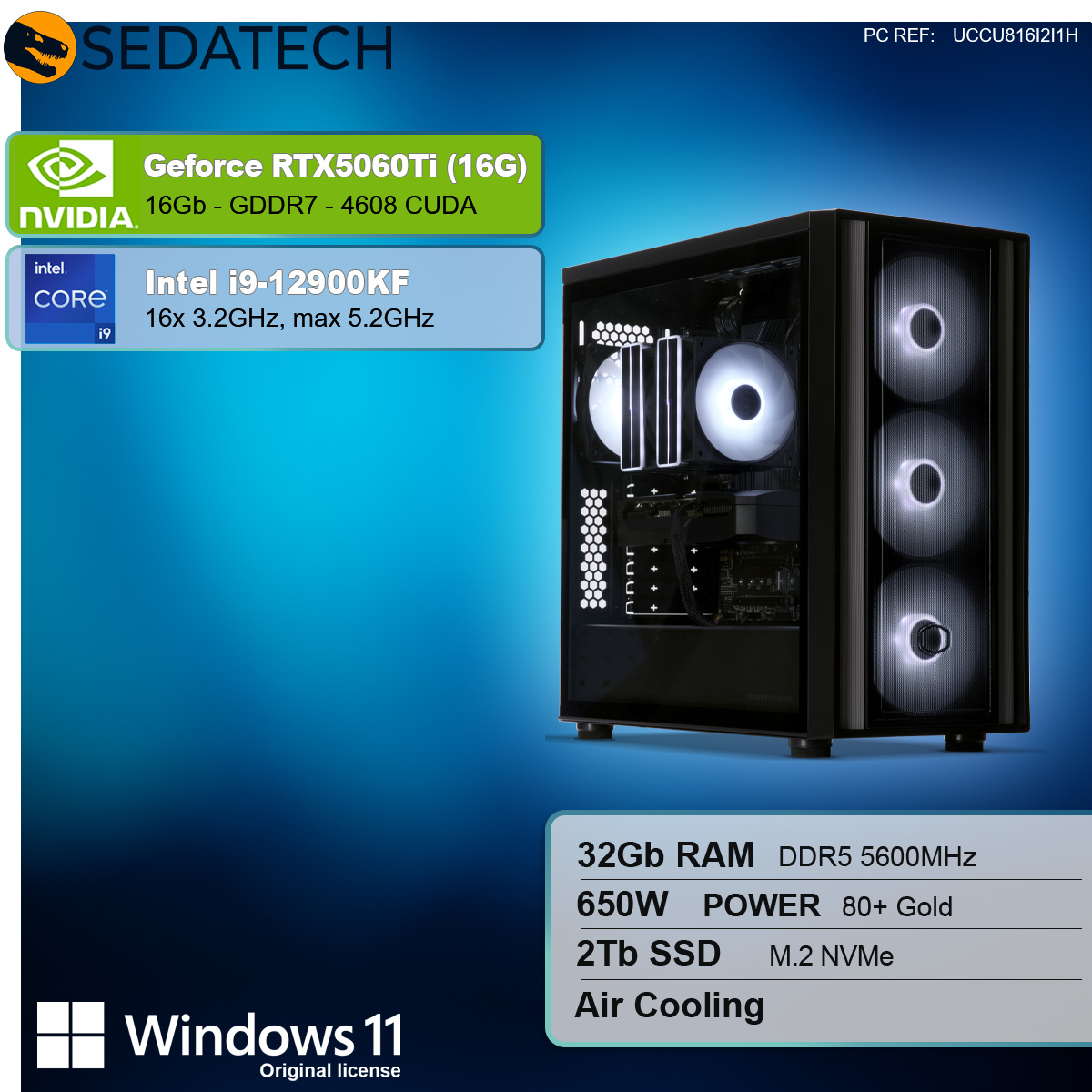 Obudowa komputera z podświetlanymi wentylatorami. Specyfikacje obejmują GeForce RTX5060Ti, Intel i9, 32 GB RAM, 2 TB SSD i Windows 11.