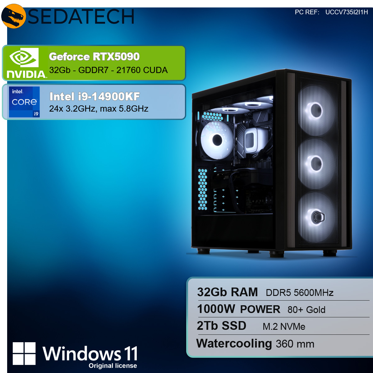 Ein Computergehäuse mit beleuchteten Lüftern. Spezifikationen: GeForce RTX5090, Intel i9-14900KF, 32 GB RAM, 2 TB SSD und Windows 11.