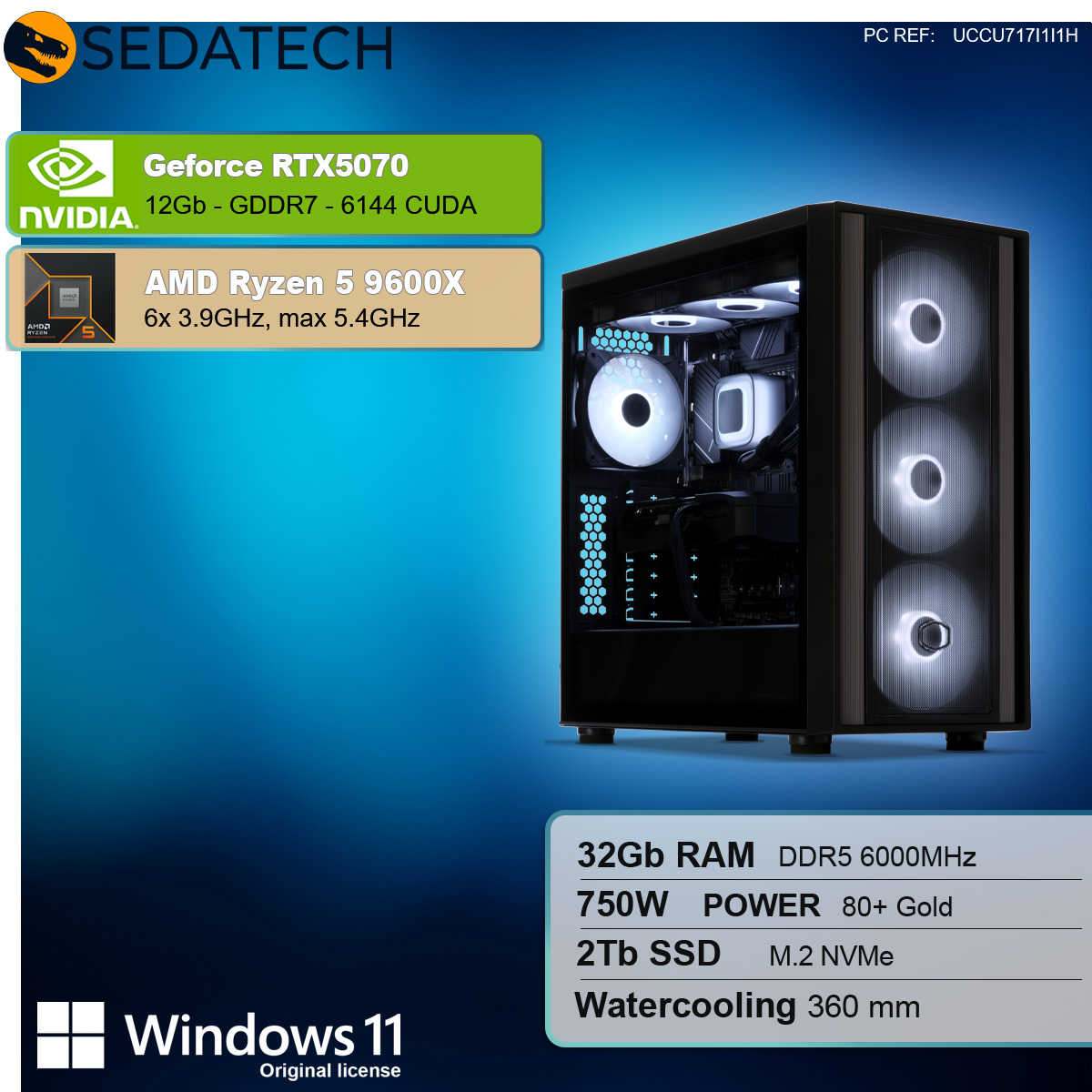 Ein Computergehäuse mit leuchtenden Lüftern und Komponenten wird mit Spezifikationen wie GeForce RTX5070 und Ryzen 5 9600X angezeigt.
