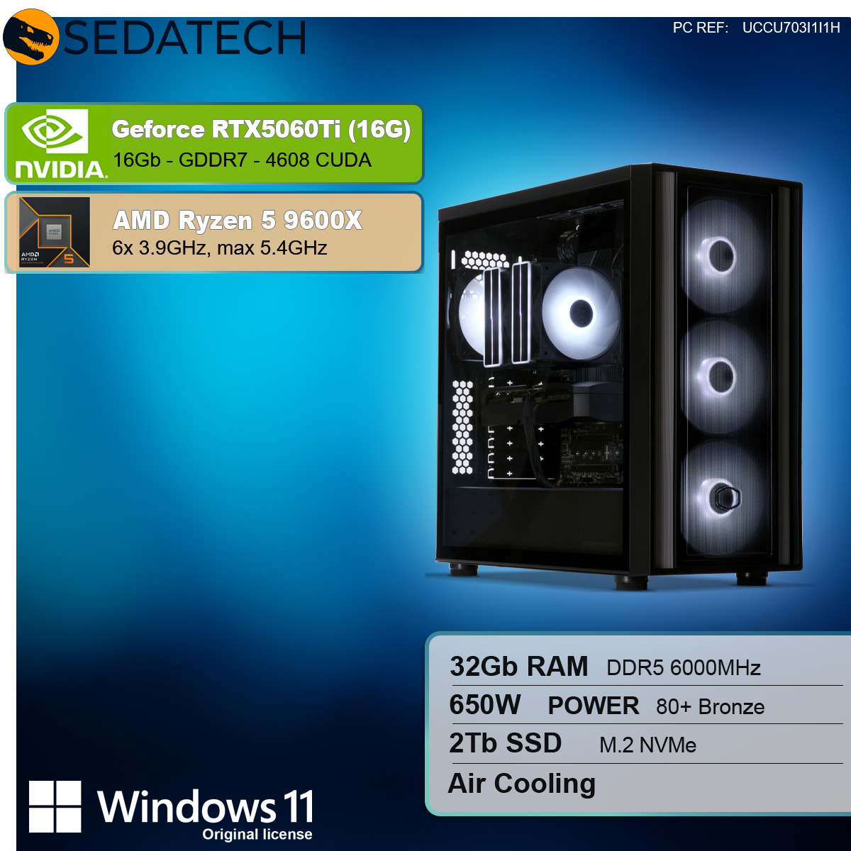 Un case per computer con ventole luminose. I riquadri informativi mostrano i dettagli di NVIDIA GeForce e AMD Ryzen. Logo Windows 11 in basso.