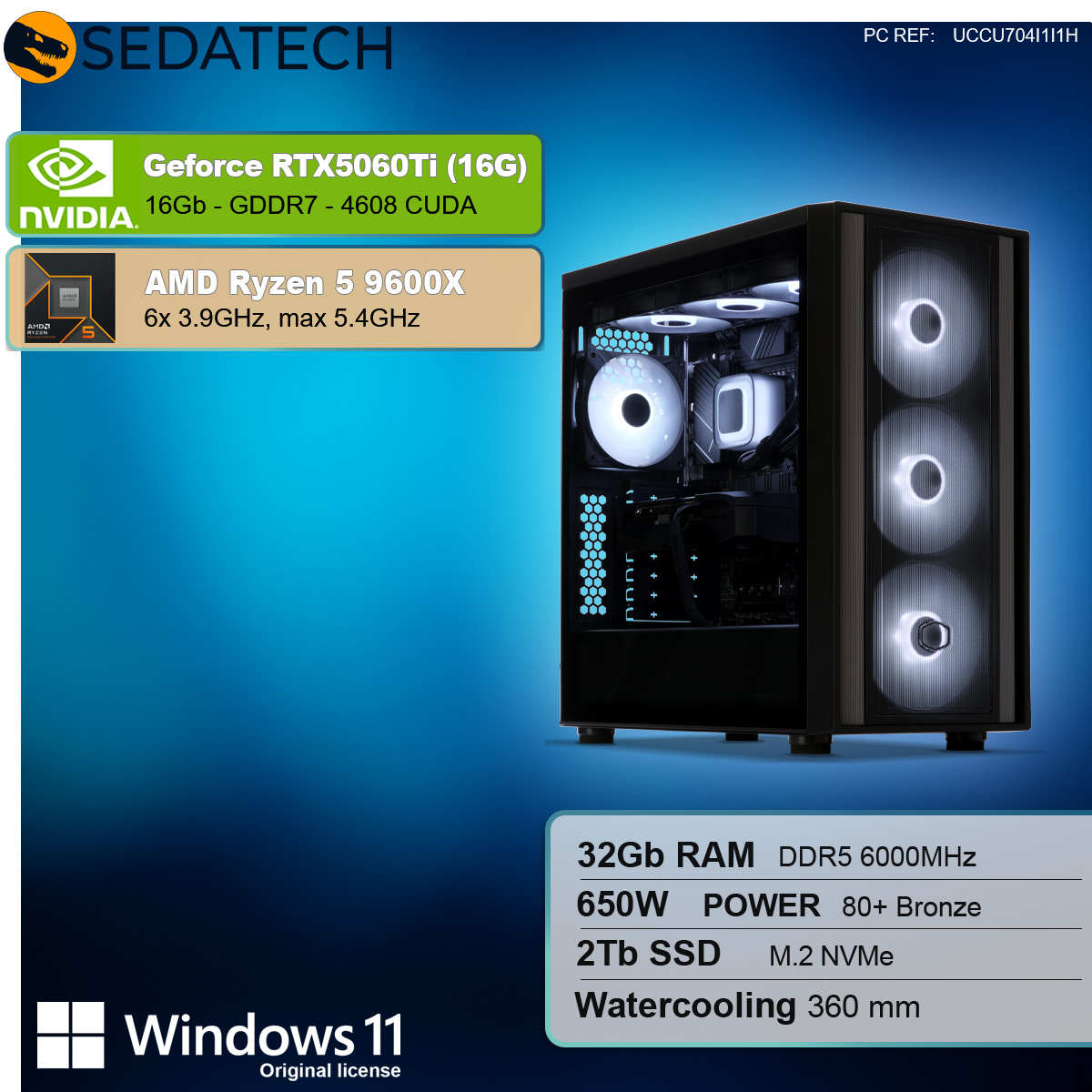 Viene visualizzato un case per computer con componenti interni. Il testo mostra le specifiche: RTX5060Ti, Ryzen 5 9600X, 32GB RAM, 2TB SSD e raffreddamento a liquido.