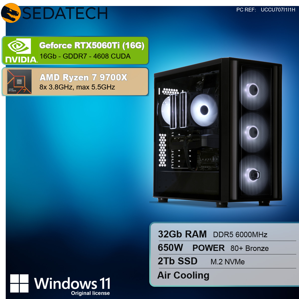 Viene visualizzata una torre per computer con ventole e componenti luminosi. Le specifiche includono scheda grafica Nvidia, processore AMD Ryzen, 32 GB di RAM e Windows 11.