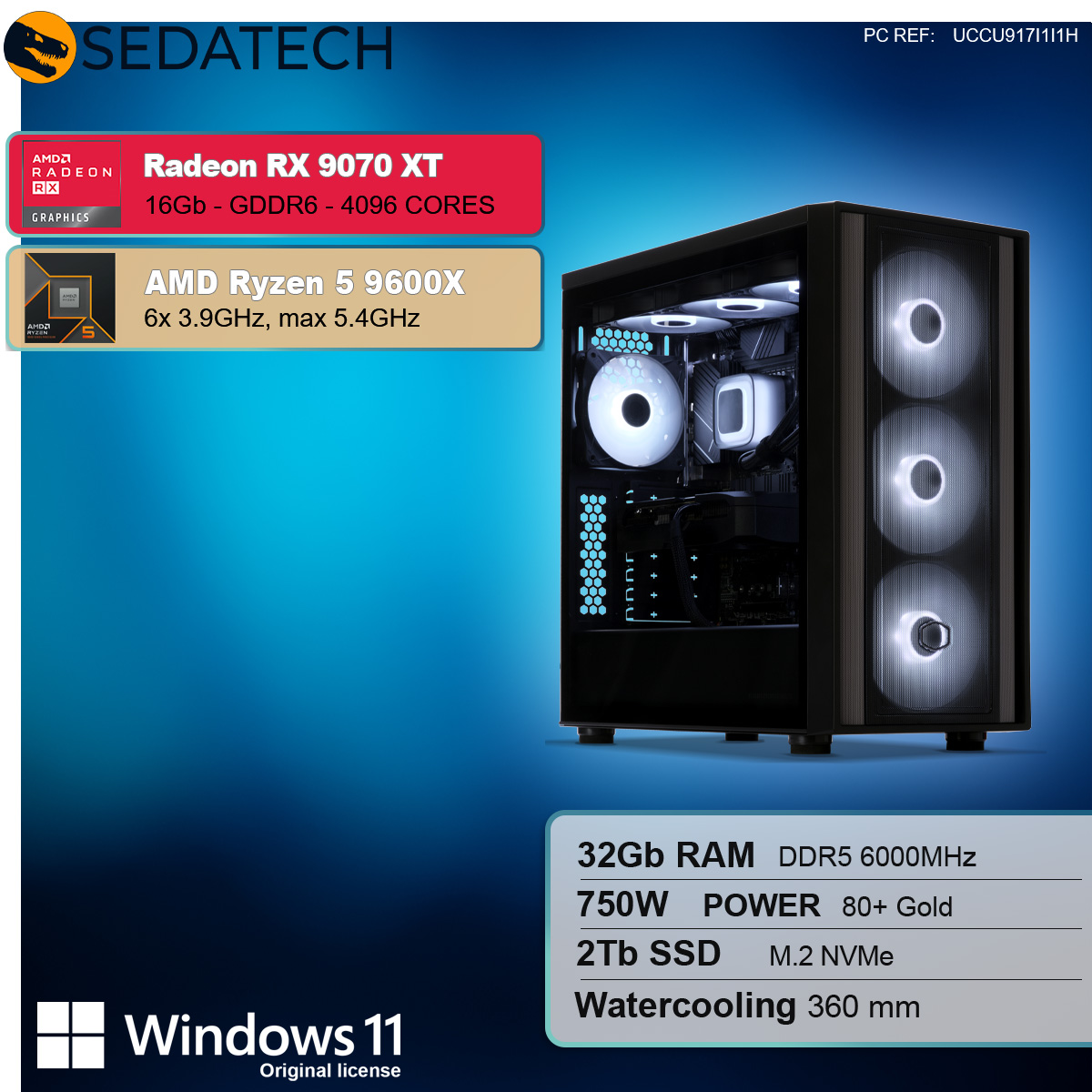 Un case per computer con ventole illuminate. Specifiche: Radeon RX 9070 XT, Ryzen 5 9600X, 32 GB RAM, 2 TB SSD e Windows 11.