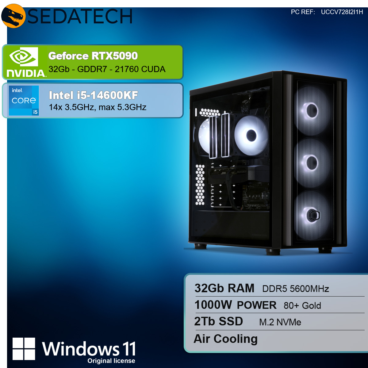Wieża komputera z podświetlanymi wentylatorami i komponentami. Specyfikacje obejmują RTX5090, i5-14600KF, 32 GB RAM, 2 TB SSD i Windows 11.