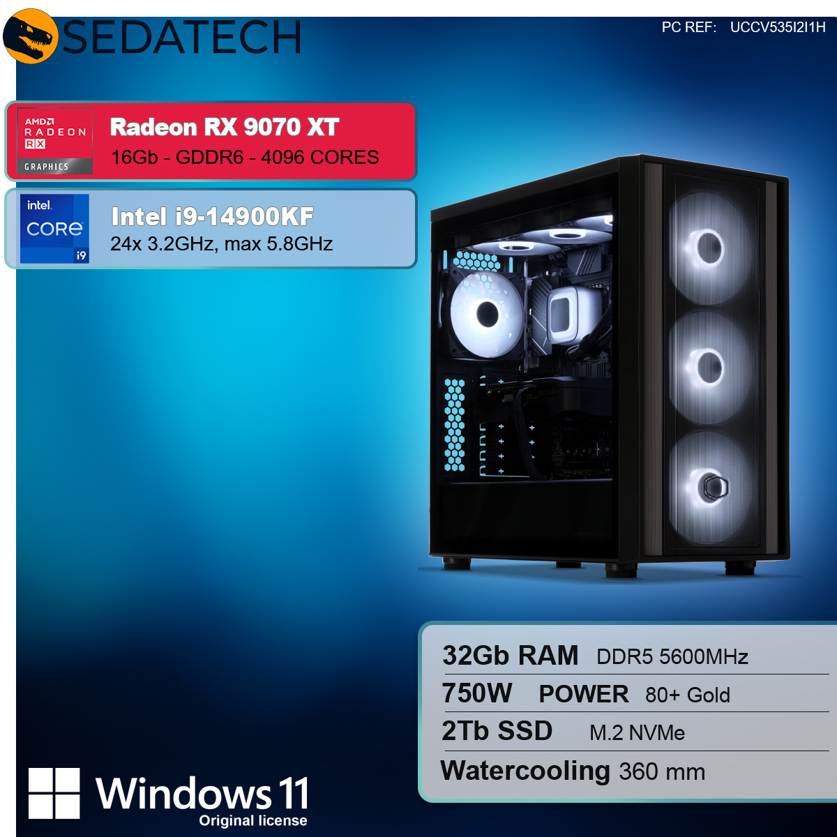 Ein Computergehäuse mit beleuchteten Lüftern. Spezifikationen: Radeon RX 9070 XT, Intel i9-14900KF, 32 GB RAM, 750 W Leistung und Windows 11.
