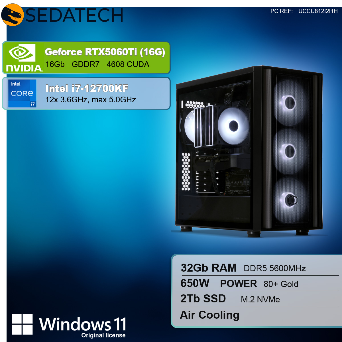 Ein Computergehäuse mit Glasseitenfenster, das die internen Komponenten zeigt. Text zeigt PC-Spezifikationen, einschließlich NVIDIA GeForce RTX5060Ti.