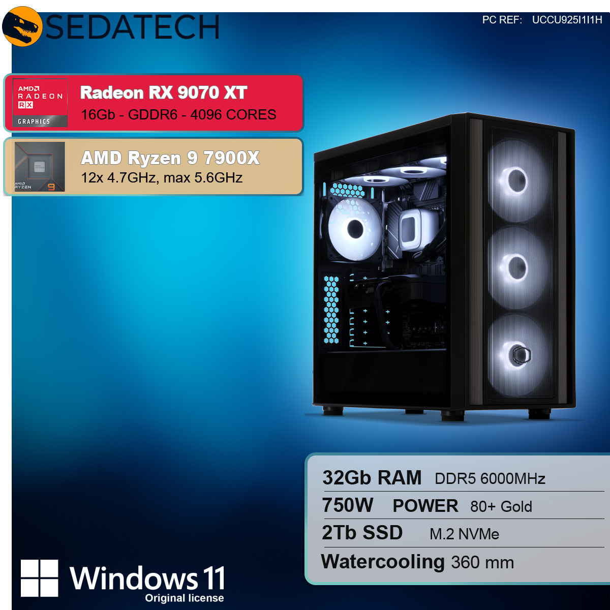 Un case per computer con ventole illuminate, Radeon RX 9070 XT, Ryzen 9 7900X e logo Windows 11. Le specifiche includono RAM, SSD e watercooling.