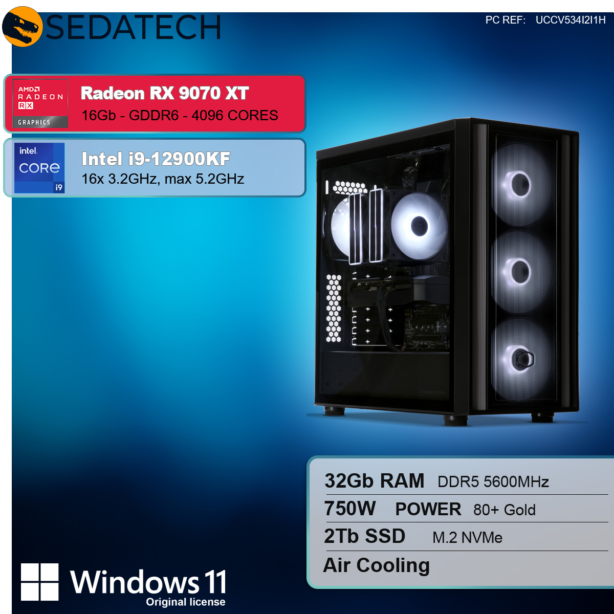 Ein Computergehäuse mit beleuchteten Lüftern. Spezifikationen: Radeon RX 9070 XT, Intel i9-12900KF, 32 GB RAM, 2 TB SSD und Windows 11.