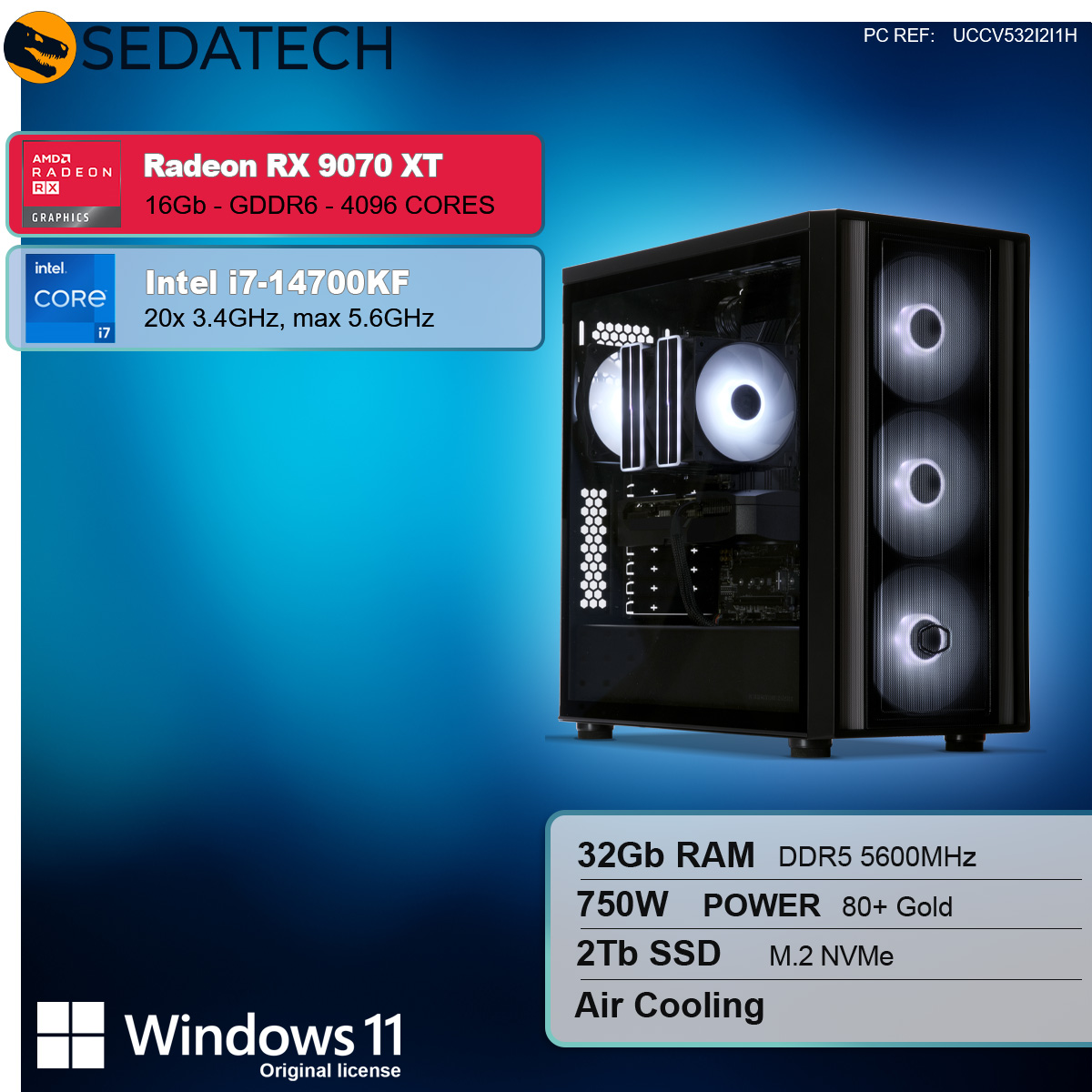 Ein Computergehäuse mit beleuchteten Lüftern und Spezifikationen für eine Radeon RX 9070 XT, Intel i7-14700KF, 32GB RAM und Windows 11.