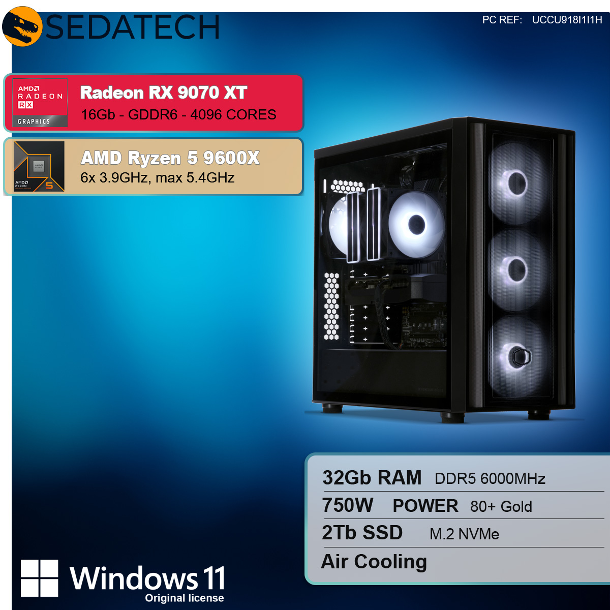Un case per computer nero con ventole luminose. Il testo mostra Radeon RX 9070 XT, AMD Ryzen 5 9600X e Windows 11. Specifiche.