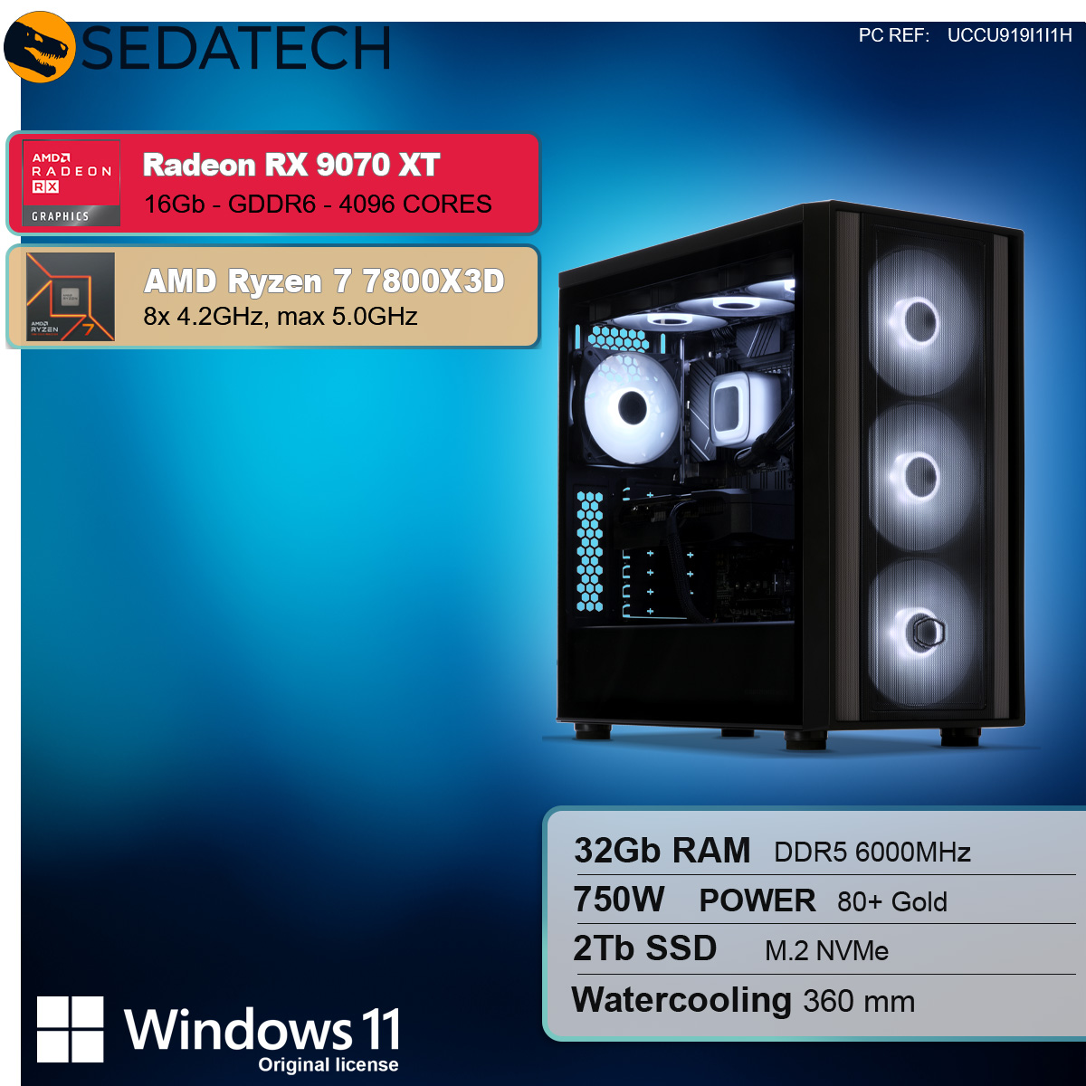 Un case per computer con ventole illuminate. Dettagli di testo Radeon RX 9070 XT, Ryzen 7 7800X3D, 32GB RAM, alimentazione 750W, 2TB SSD e Windows 11.