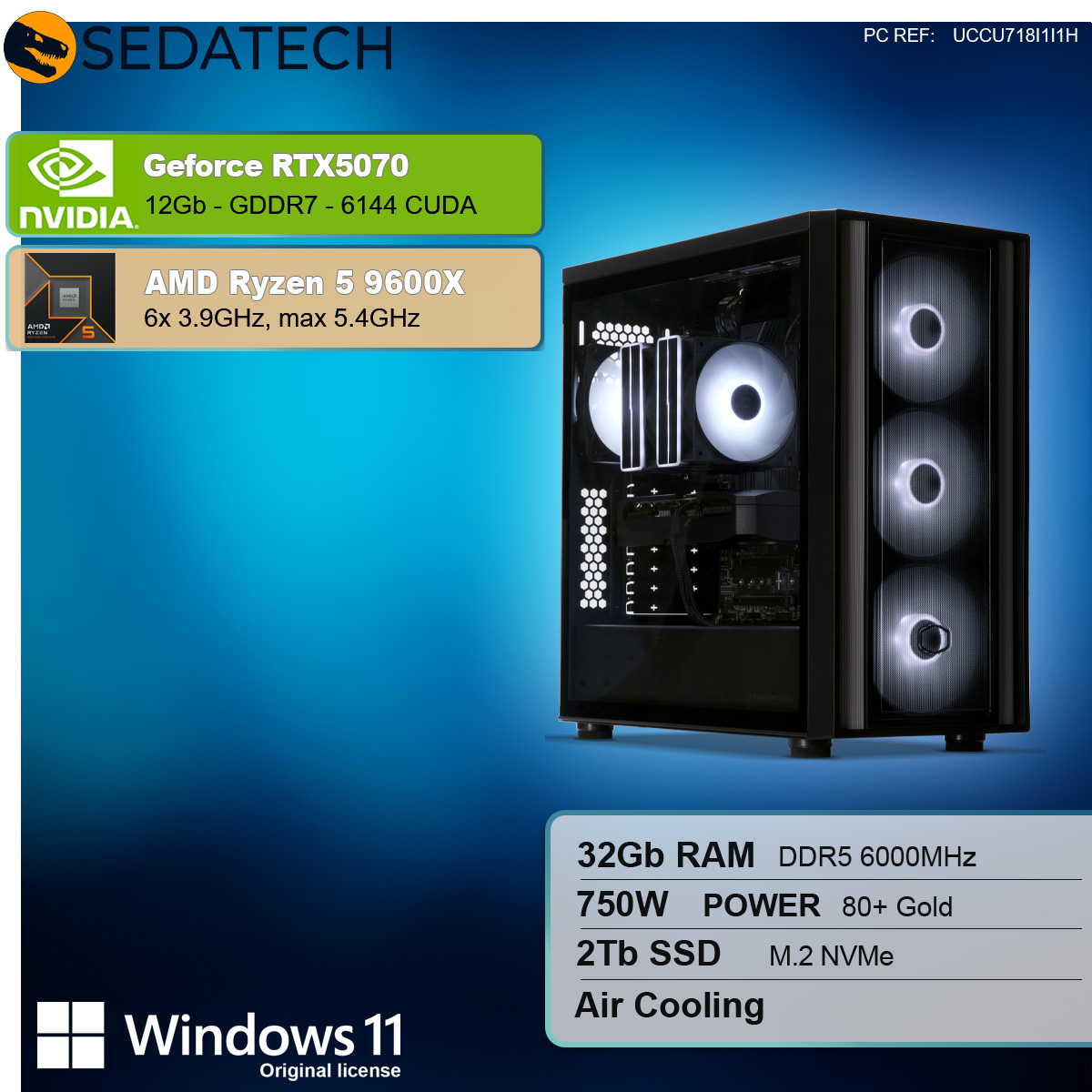 Un case per computer con ventole illuminate. Le specifiche includono RTX5070, Ryzen 5 9600X, 32GB RAM, alimentatore 750W, SSD 2TB e Windows 11.