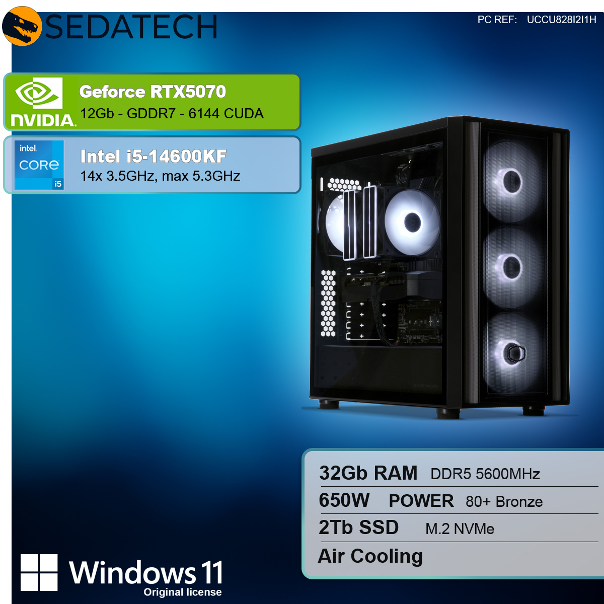 Un case per computer con ventole illuminate. Specifiche: GeForce RTX5070, Intel i5-14600KF, 32GB RAM, 2TB SSD e Windows 11.